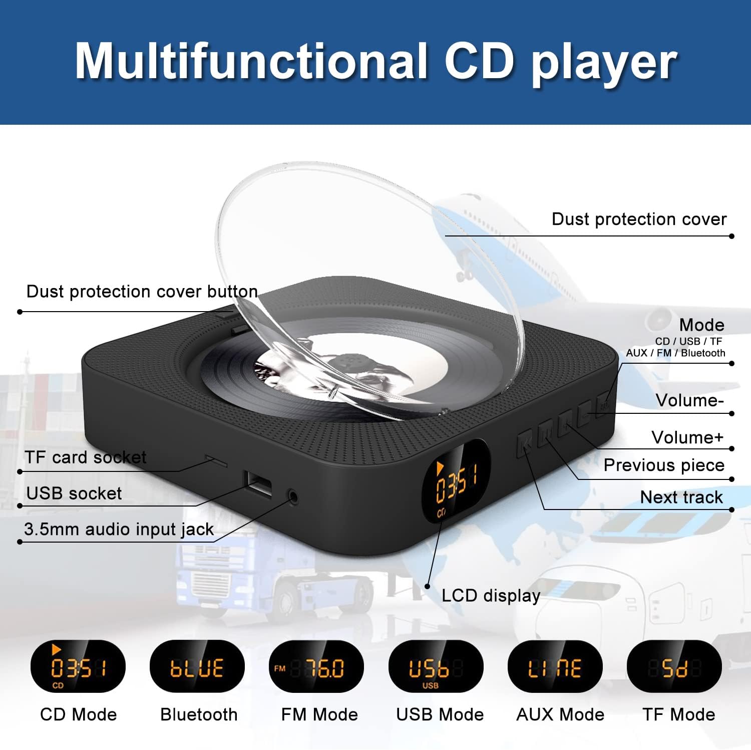 Detalle de MICOCIOUS KC909 Portable CD Player with Bluetooth, Dual Speakers and FM Radio