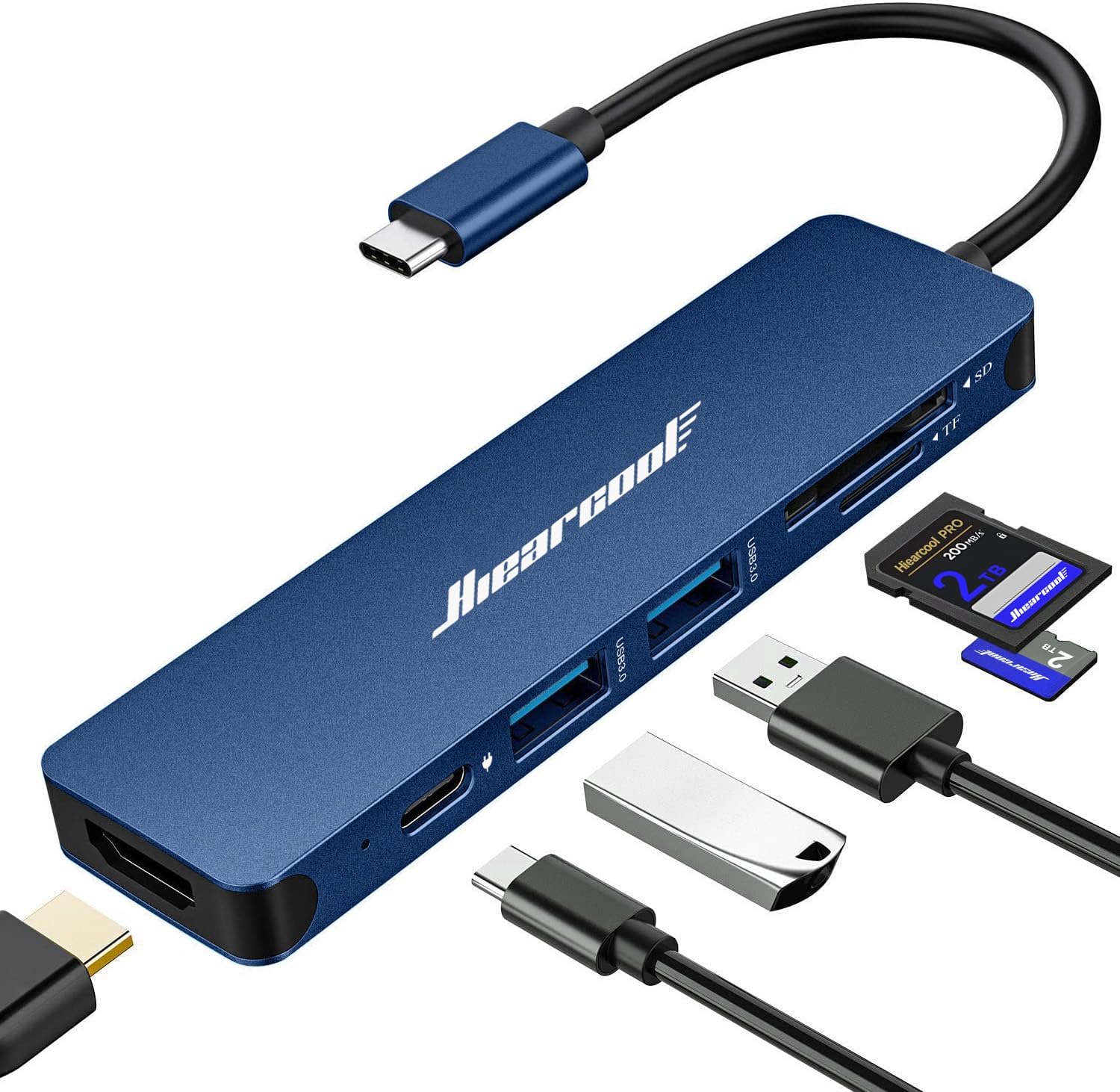 Detalle de Hiearcool UCN3286 7-in-1 USB-C Hub, 4K HDMI, 100W PD, Navy Blue