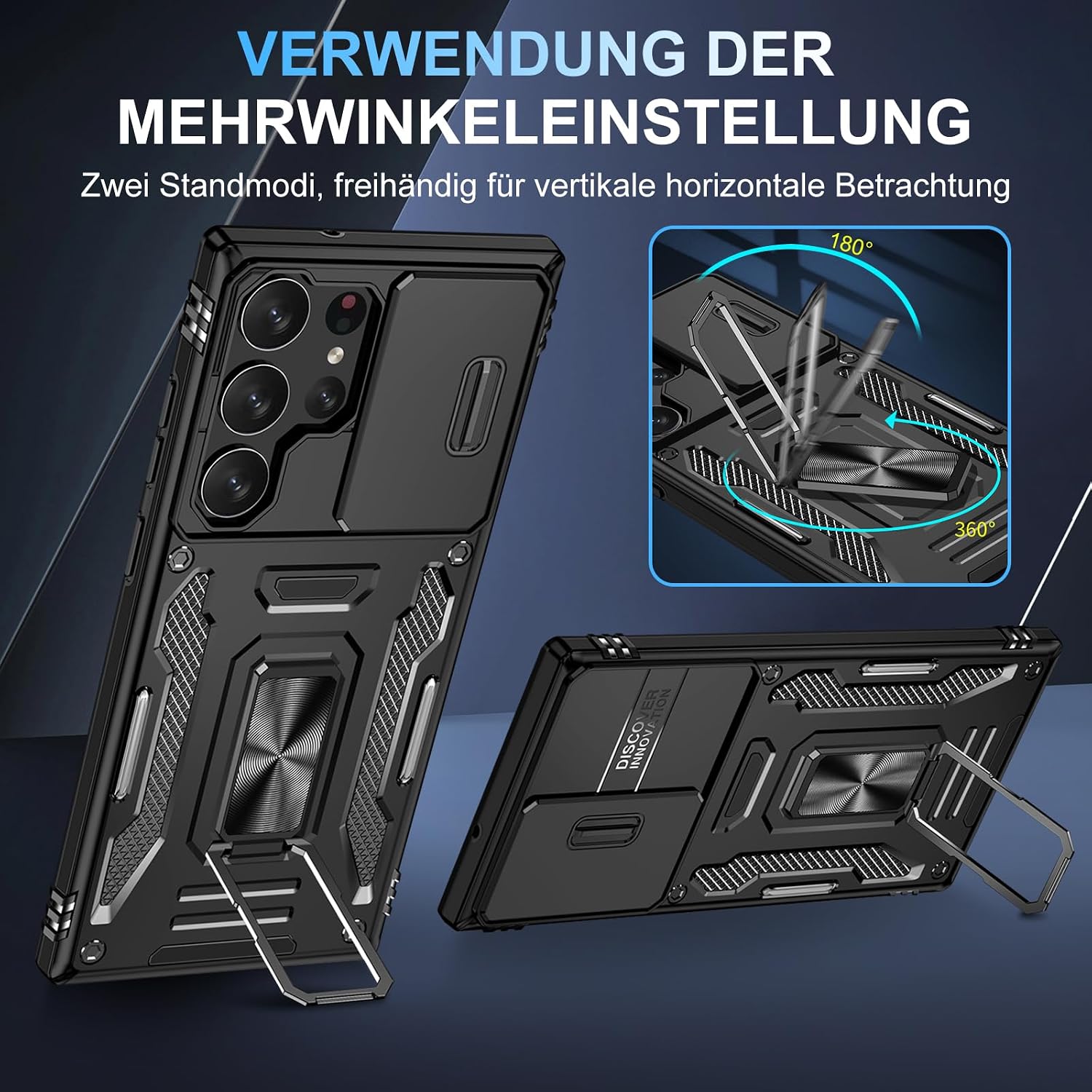 Detalle de Handyhülle mit Slide Camera Schutz für Samsung Galaxy S24 Ultra – 360° drehbarer Metallring, Stoßfest, inkl. Kameraschutz