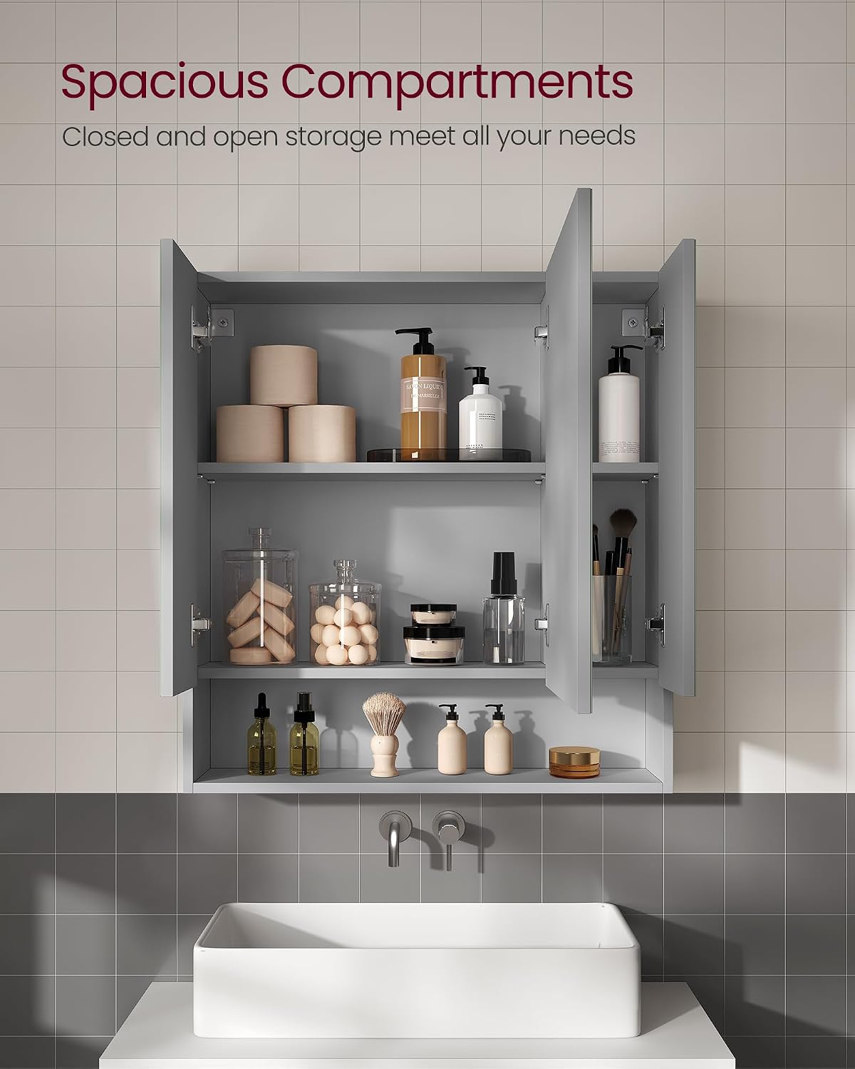 Detalle 1 de VASAGLE KAILYN BBK129G01 Bathroom Mirror Cabinet, Dove Grey, 70 x 16.5 x 75 cm