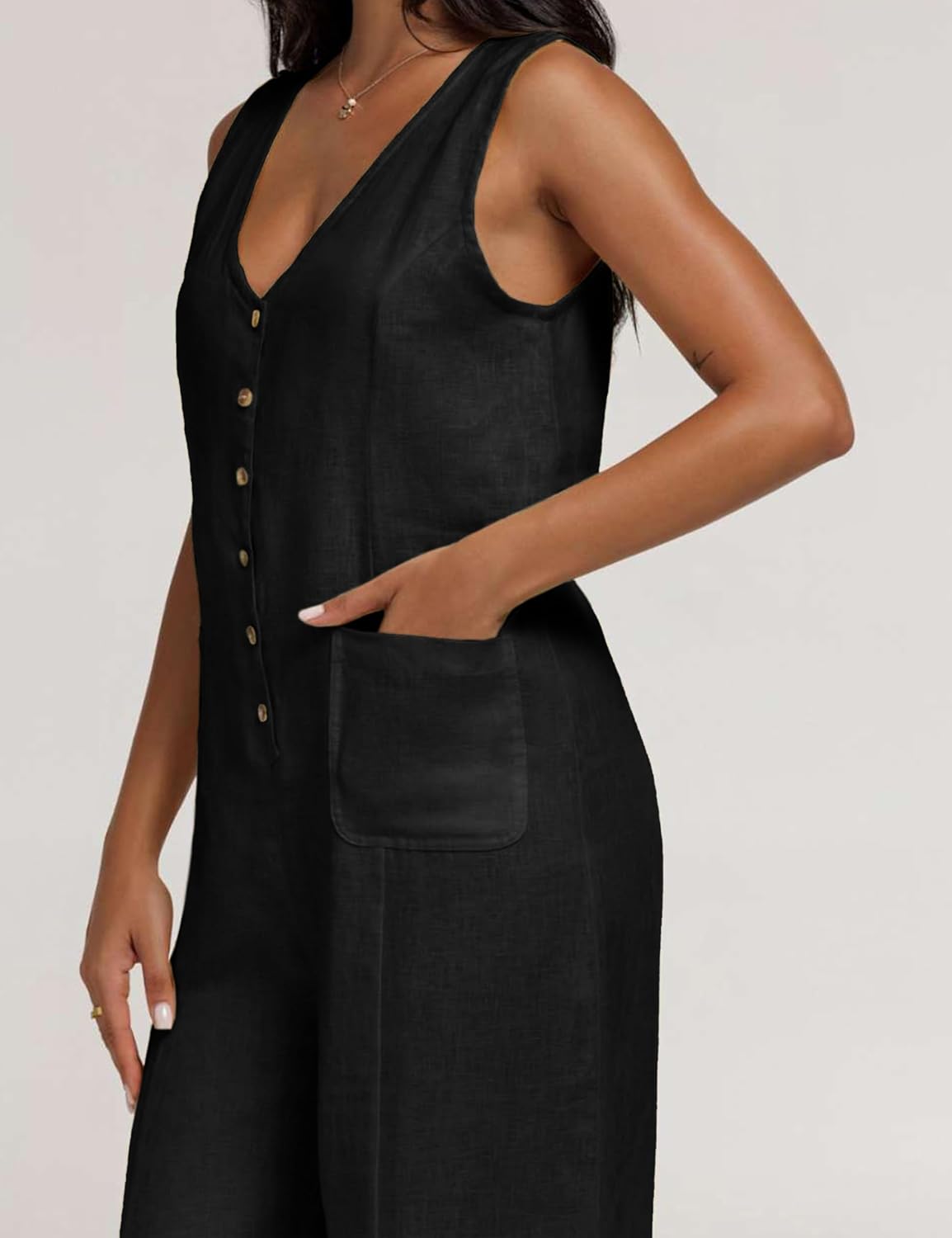 Thumbnail 6 de Yeokou Women Cotton Linen Button-Down Jumpsuit with Pockets (Sleeveless, Wide-Leg)