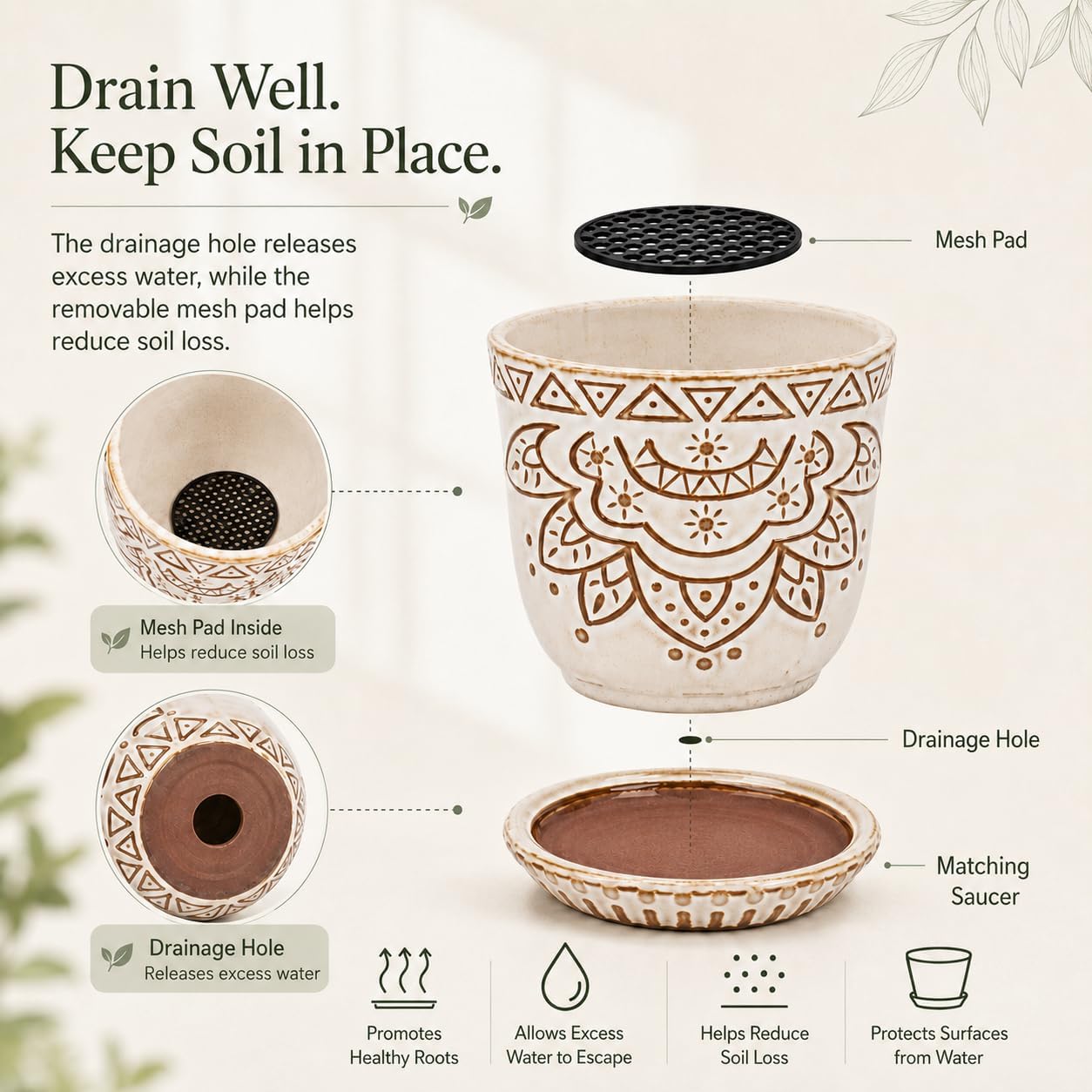 Thumbnail 6 de Gepege 4-Inch Ceramic Succulent Pots with Drainage, Saucers, Set of 4