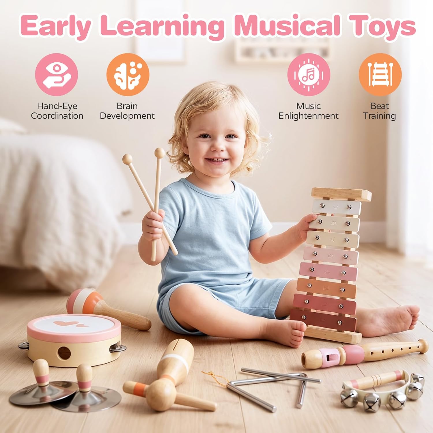Thumbnail 1 de Kids Musical Instruments 8-in-1 Xylophone & Wooden Music Set (maracas, drum, bells and more)
