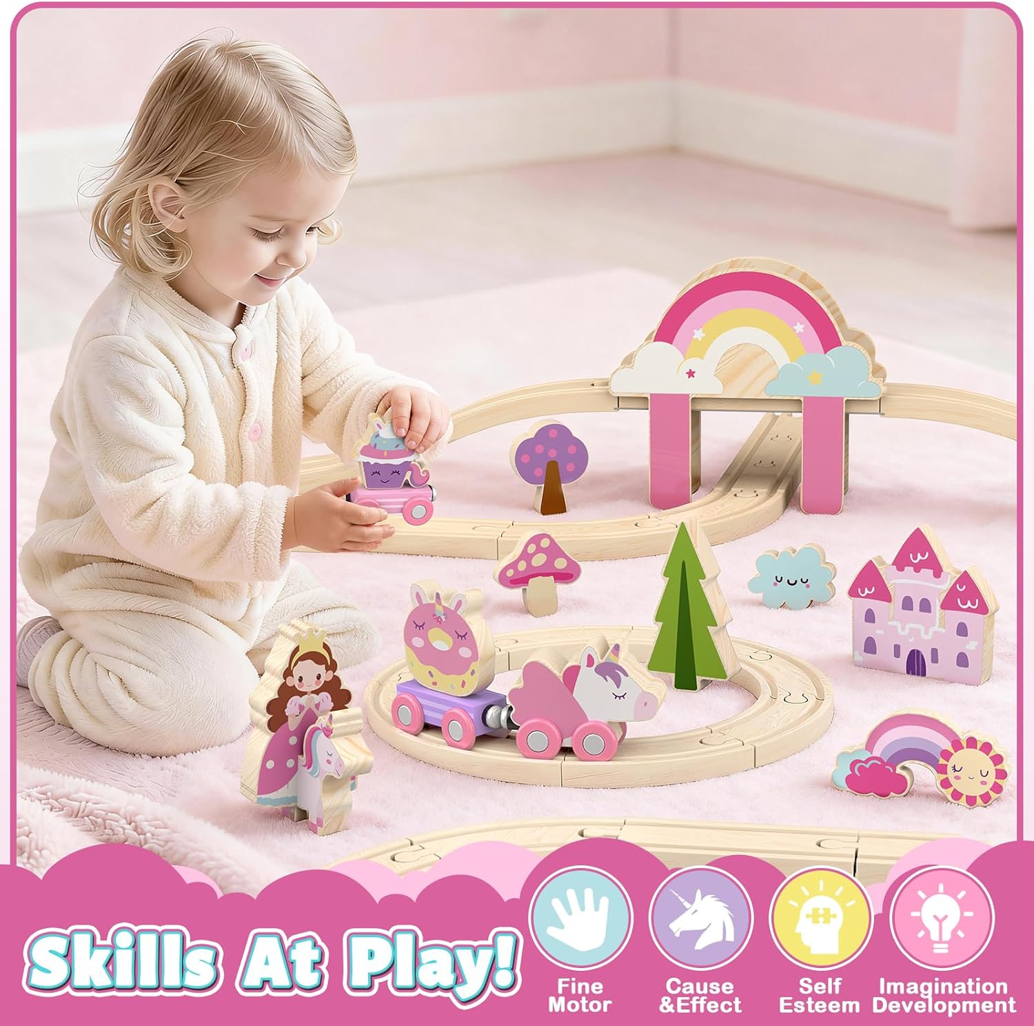 Detalle de Lehoo Castle Unicorn Wooden Train Set for Ages 3–6 🚂