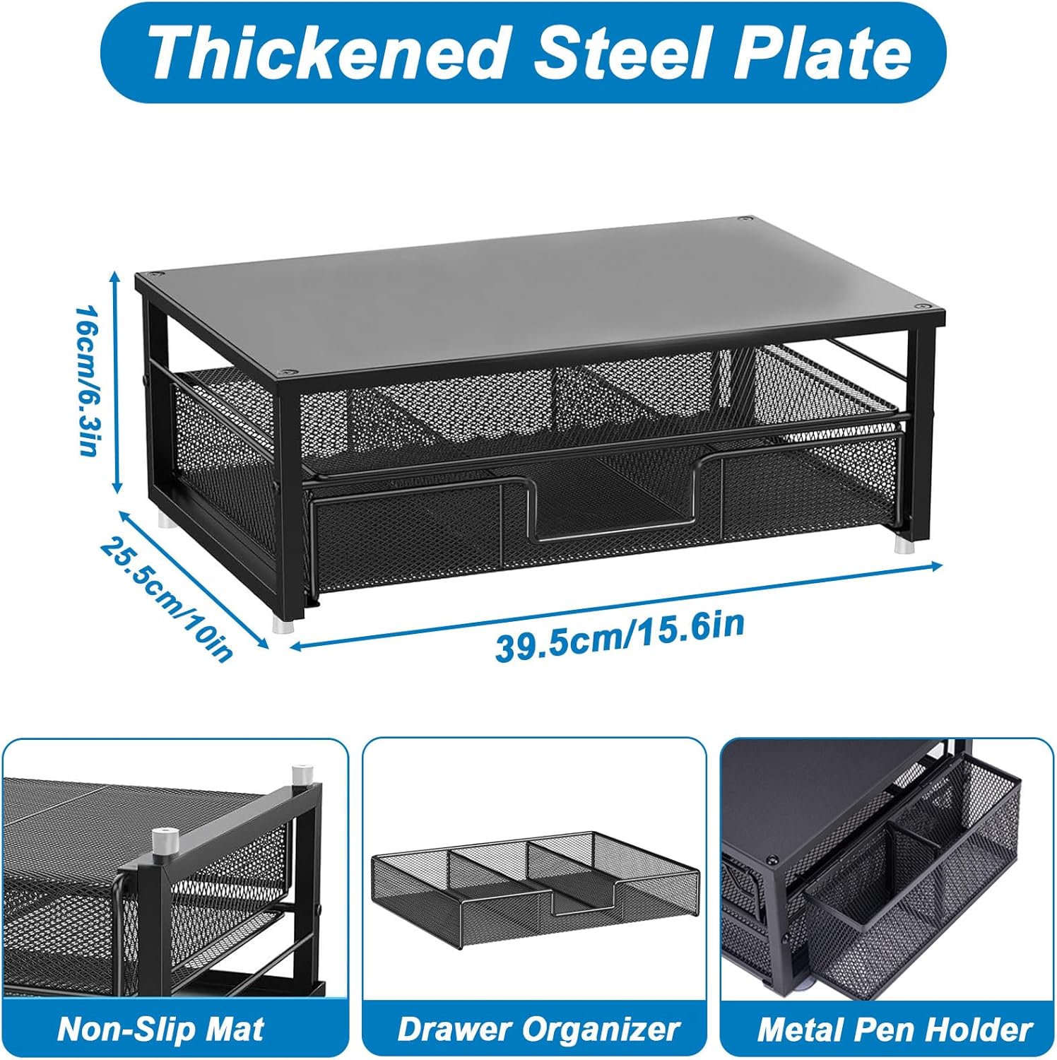 Thumbnail 1 de TempFoo Monitor Stand Riser 2-Tier Desk Shelf with Drawer and Pen Holders (Black)