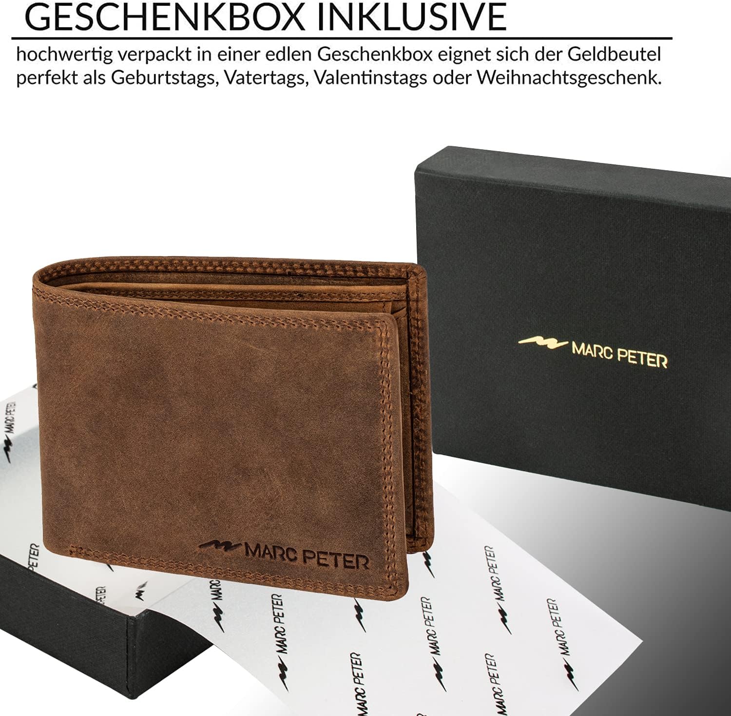 Detalle de Marc Peter® Echt-Leder Geldbörse Hanover – RFID-Schutz, 10 Fächer, Vintage Braun