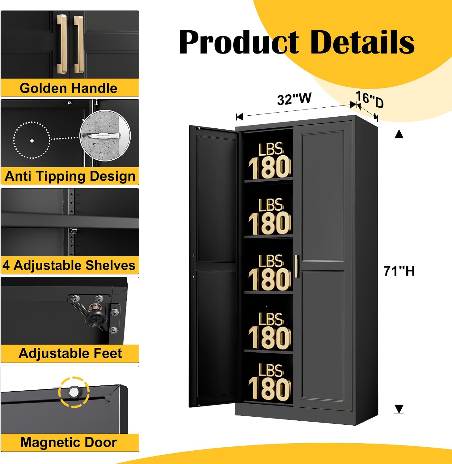 Detalle de SteeLoong SL-MYXMSC 71-Inch Metal Pantry Cabinet with 4 Adjustable Shelves