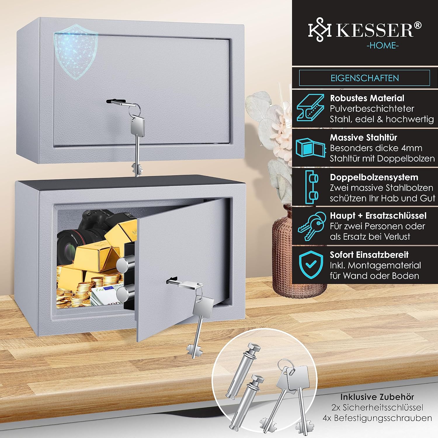 Thumbnail 1 de KESSER Tresor Möbeltresor mit Doppelbartschloss – Safe Geldschrank Boden-Wandtresor (Silber)