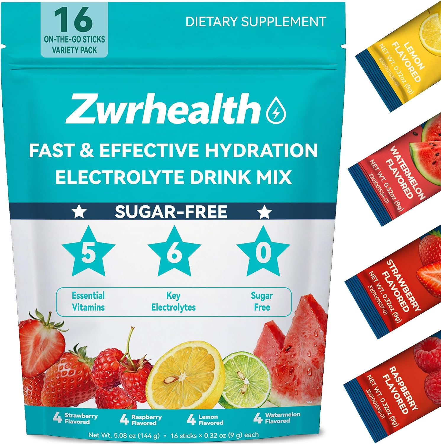 Detalle de Zwrhealth Electrolyte Powder Packets, Sugar-Free Mix with 4 Flavors