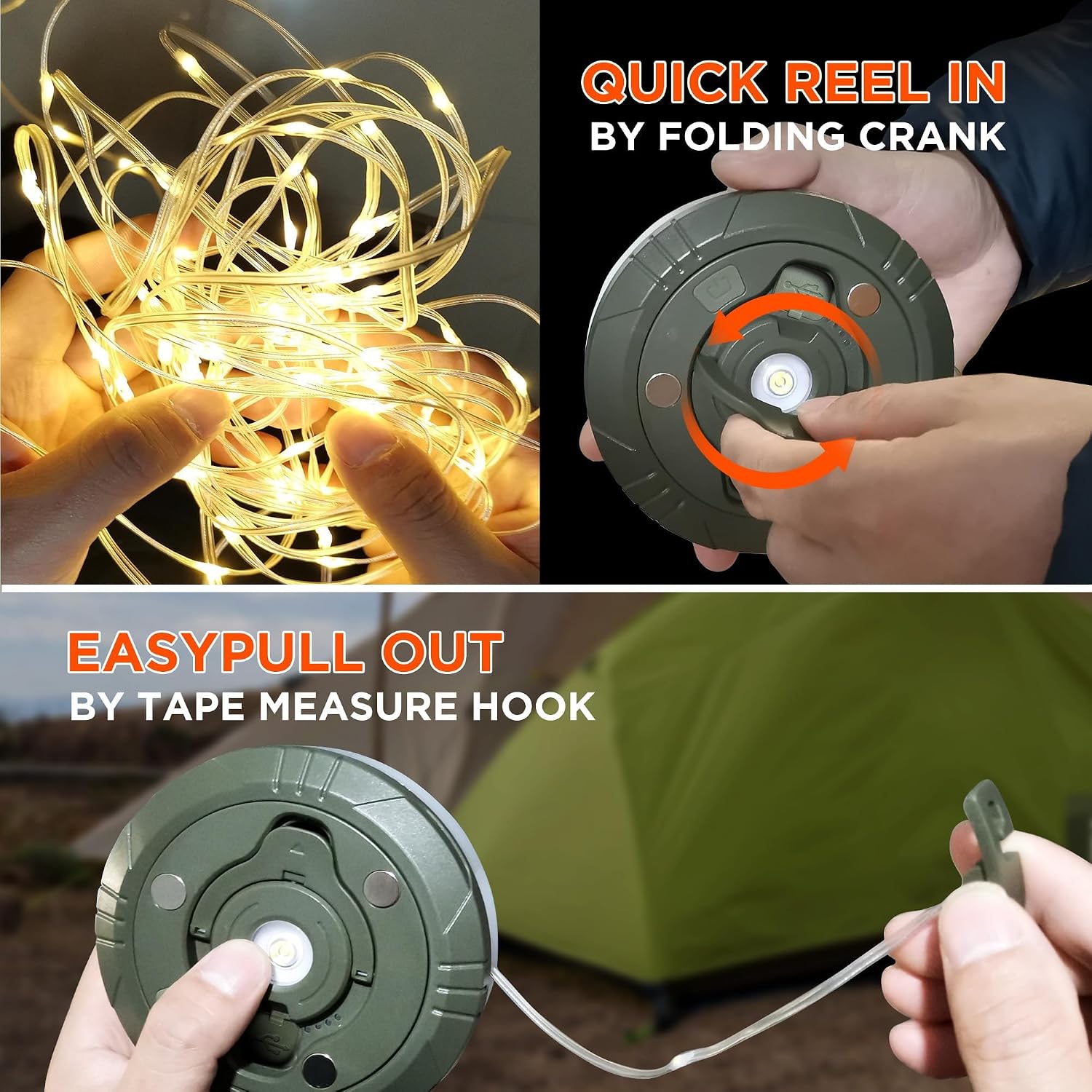 Detalle 2 de Aufrollbare Camping-Lichterkette mit USB-Ladefunktion (wasserdicht) – 10 Fotoclips, 8 Beleuchtungsmodi, 10 m