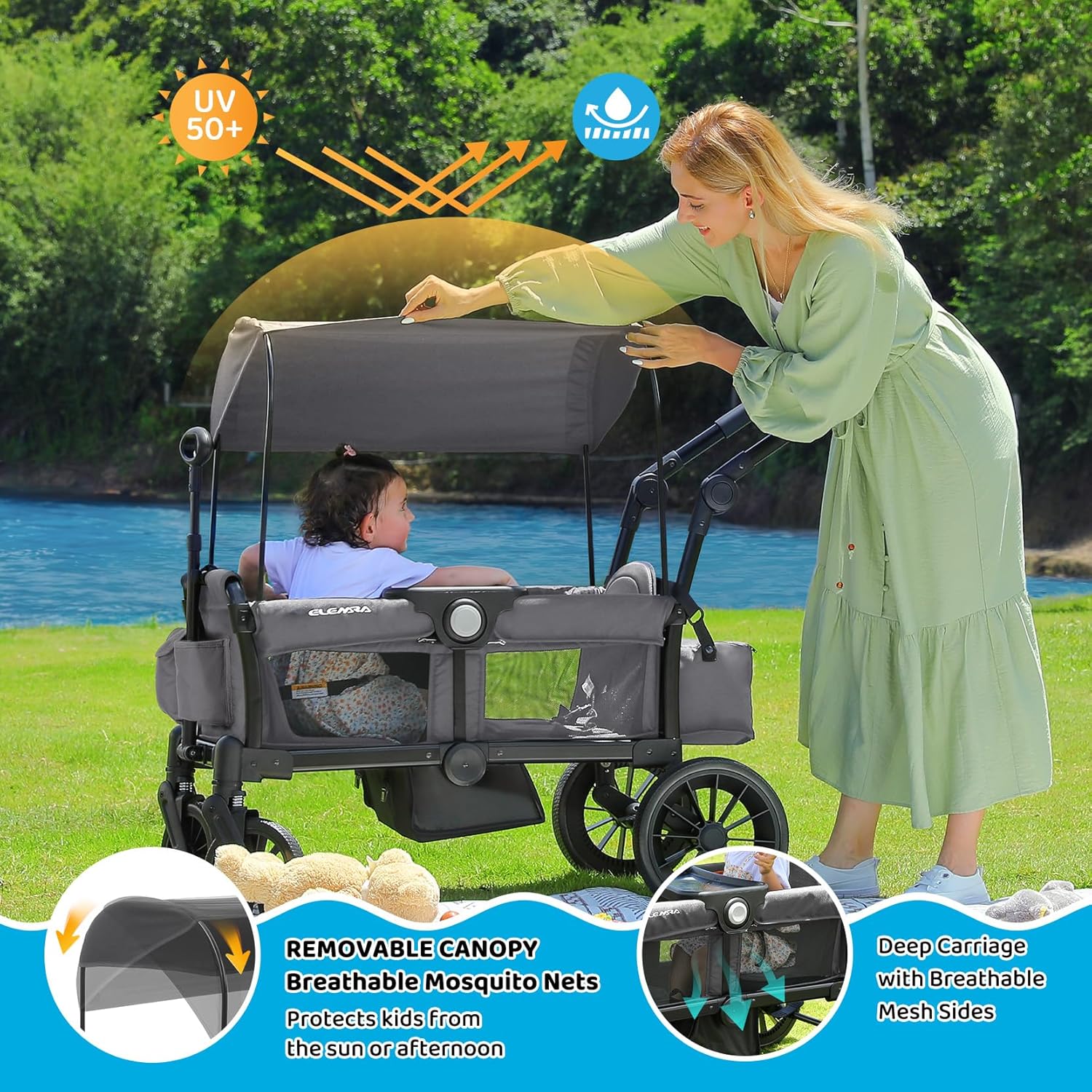 Thumbnail 6 de ELEMARA Foldable Wagon Stroller (for 2 Kids) with Removable Canopy, Adjustable Push/Pull Handle, Harnesses