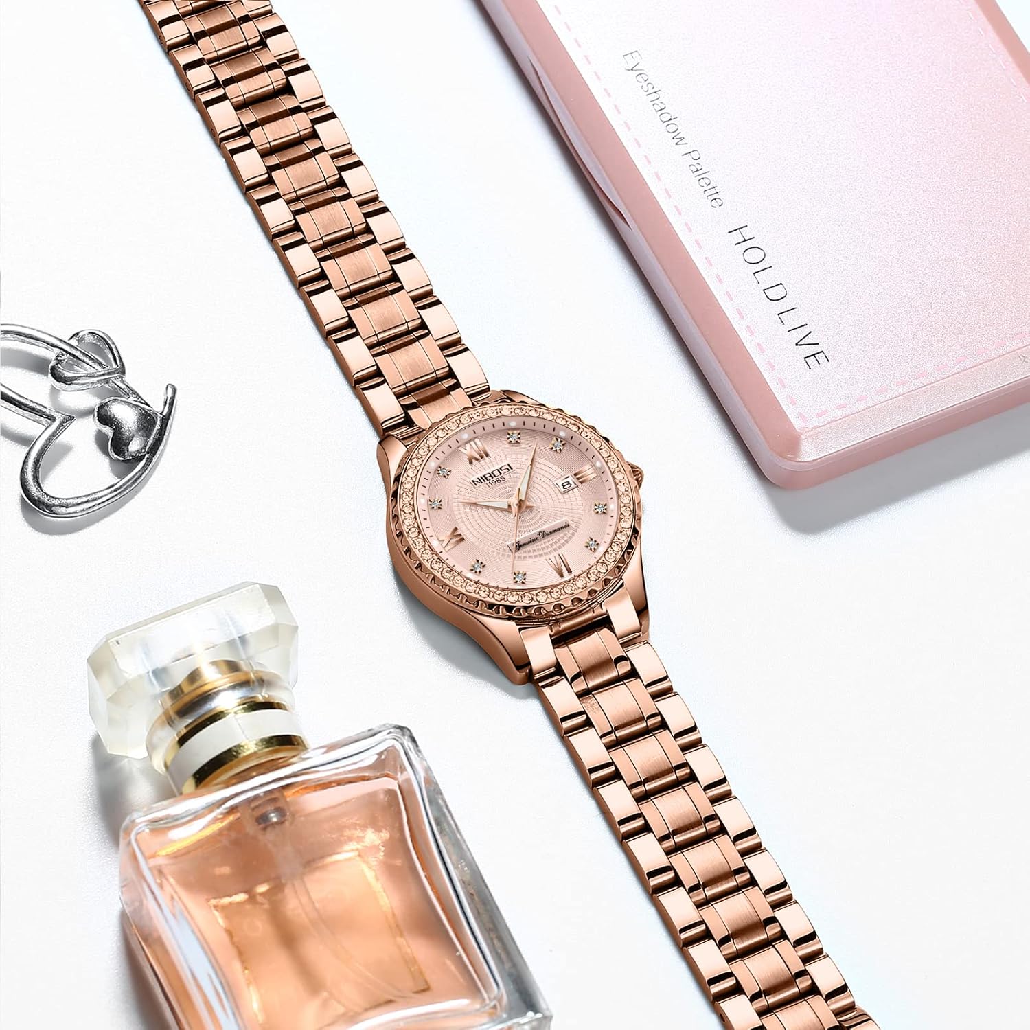 Thumbnail 5 de NIBOSI Damen-Armbanduhr mit Quarzwerk, Roségold-Optik und Diamant-Zifferblatt