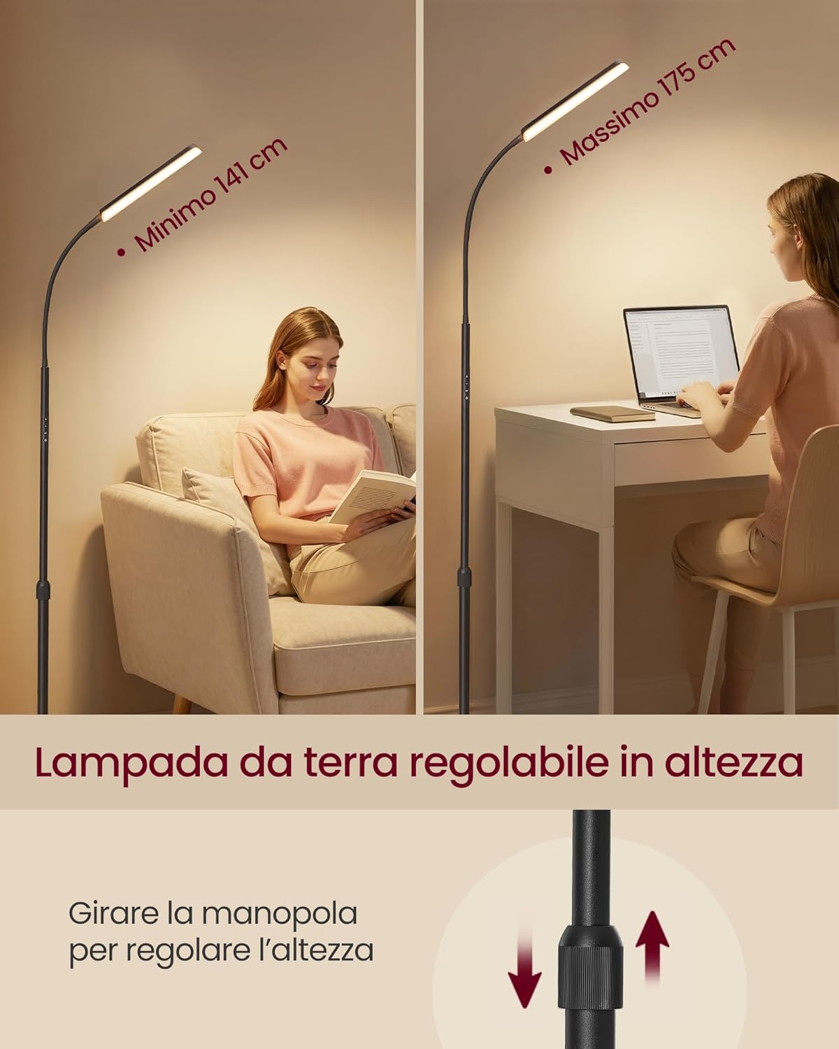 Thumbnail 2 de VASAGLE Lampada da Terra con altezza regolabile 141–175 cm, 15 W e testa flessibile 360° LFL007WC02