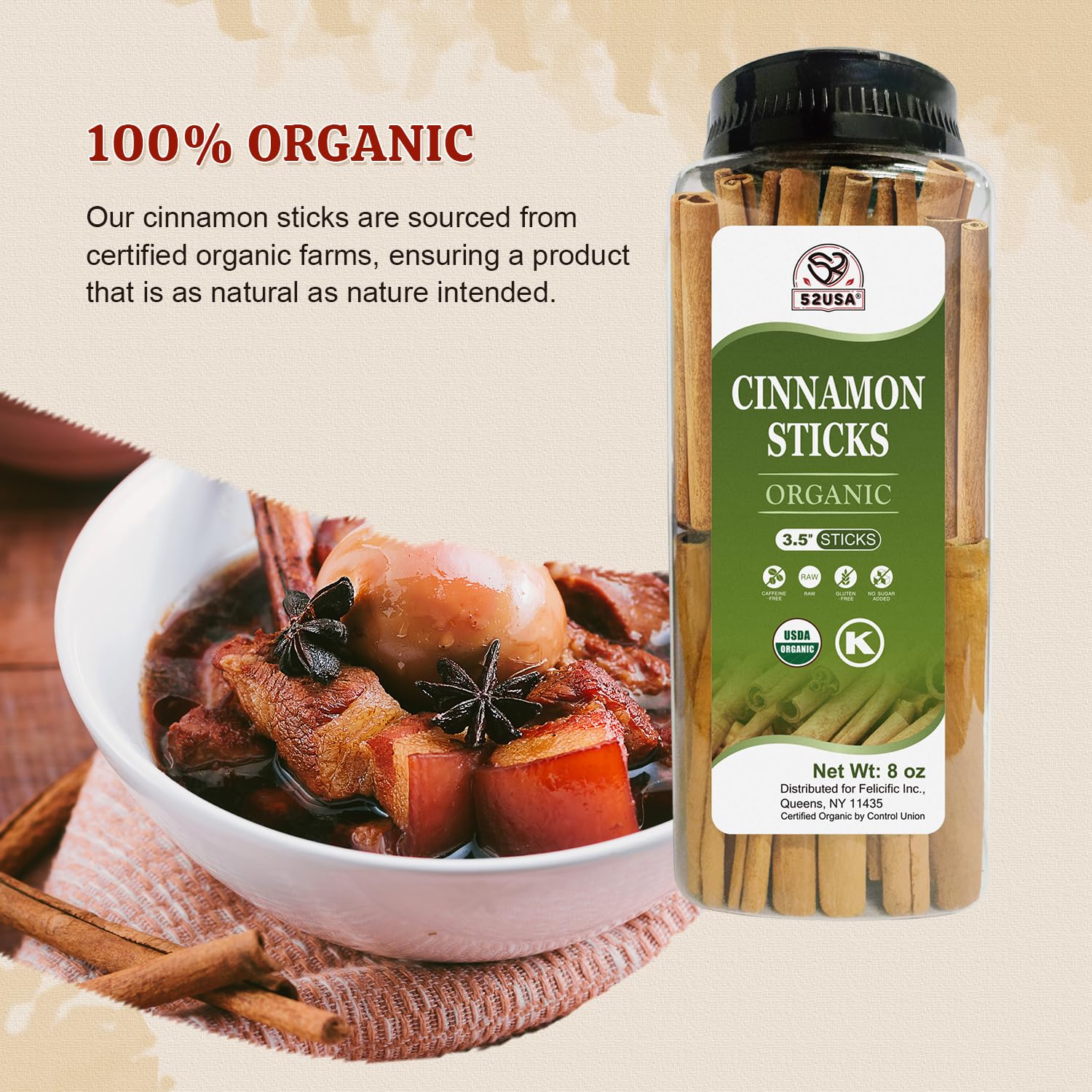 Detalle de 52USA Organic Cinnamon Sticks, Whole Cinnamon for Baking, Cooking and Drinks