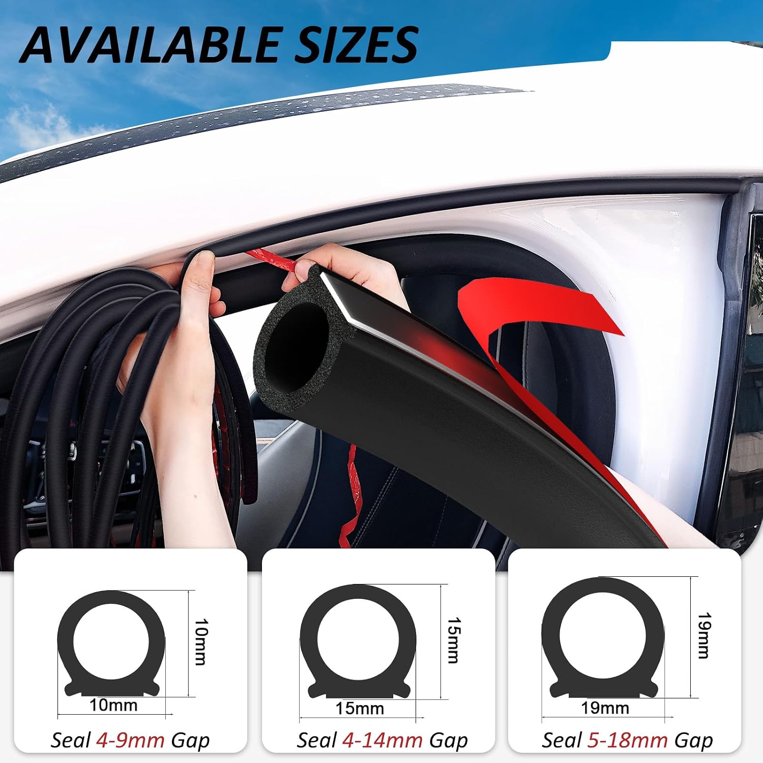 Thumbnail 4 de Jobon Car Door Seal Automotive Weather Stripping – Self-Adhesive D-Shape Rubber Seal (19x19mm, 300CM / 10FT)