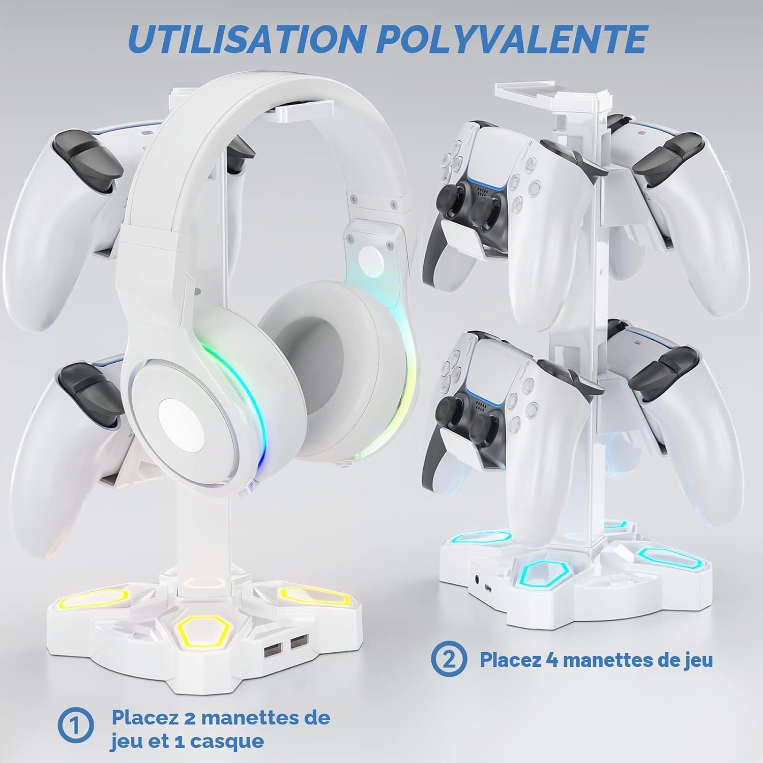 Thumbnail 5 de KDD Support Casque Gamer – Porte-casque rotatif avec 9 modes lumineux et station pour manettes (USB, 3,5 mm et Type-C) – Blanc
