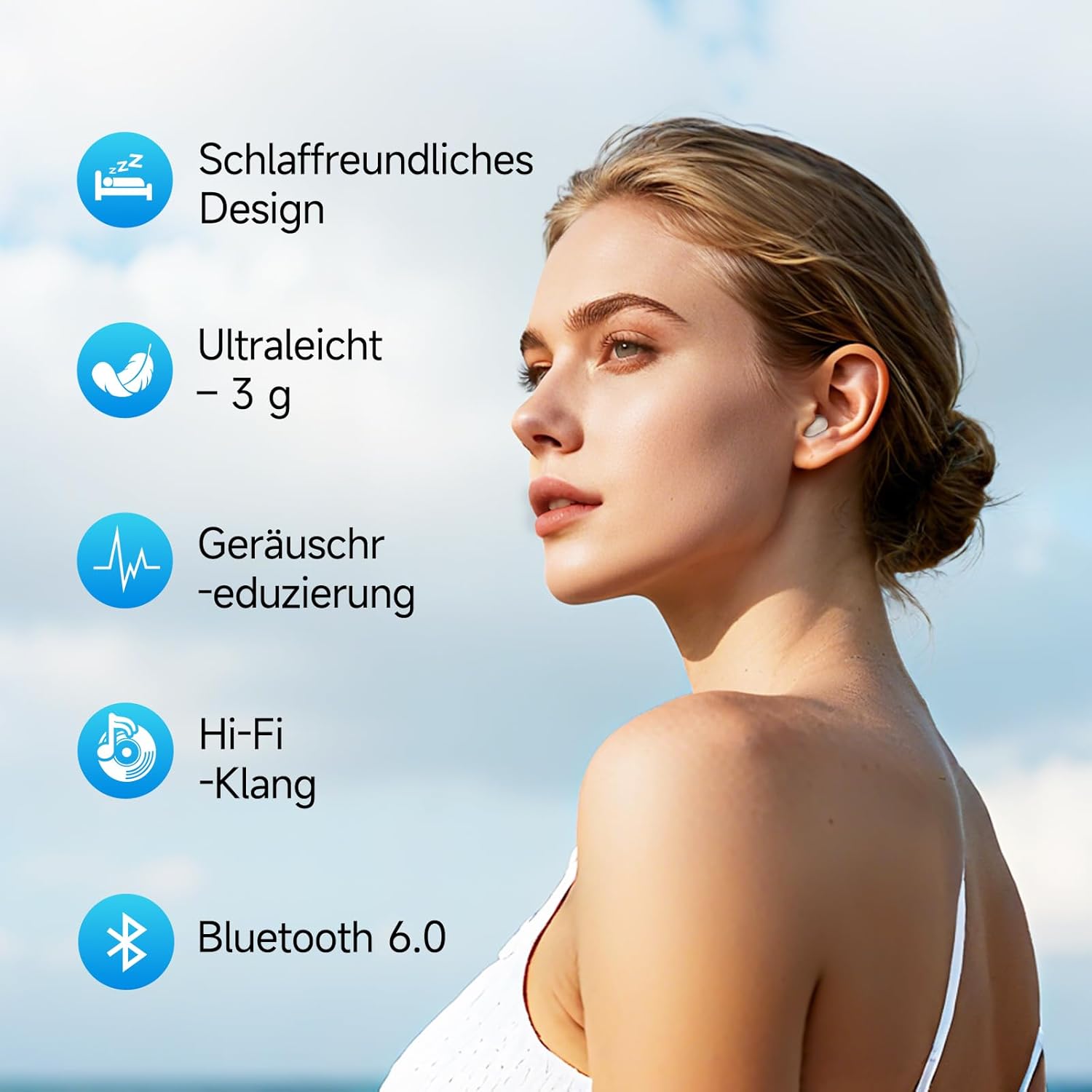 Detalle 2 de sunvito Schlafkopfhörer Bluetooth 6.0 – Mini, kabellos, IPX6, 4 Std. Akku, 28 Std. mit Ladecase – Weiß