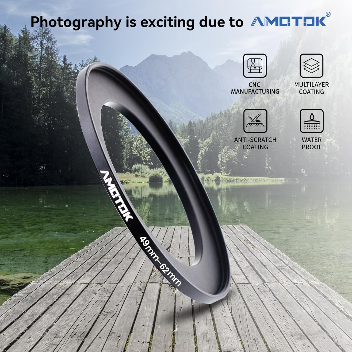Detalle 2 de Amotk 49mm to 62mm Lens Adapter Ring — Step-Up Accessory for 62mm Filters and More