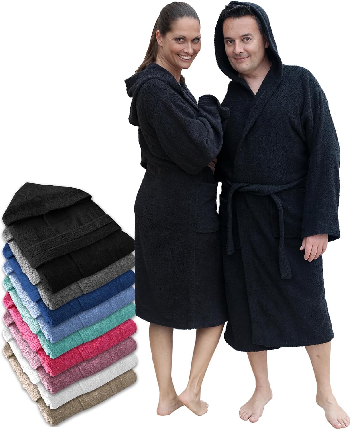 Peignoir de bain à capuche en coton éponge LEBENGOOD, 400 g/m², avec ceinture et poches