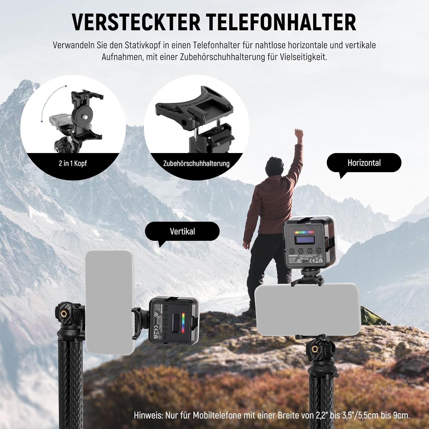 Thumbnail 2 de NEEWER Flexibles Handy Stativ (Mini-Tischstativ) mit verstecktem Telefonhalter und Action‑Kamera-Adapter – TP34