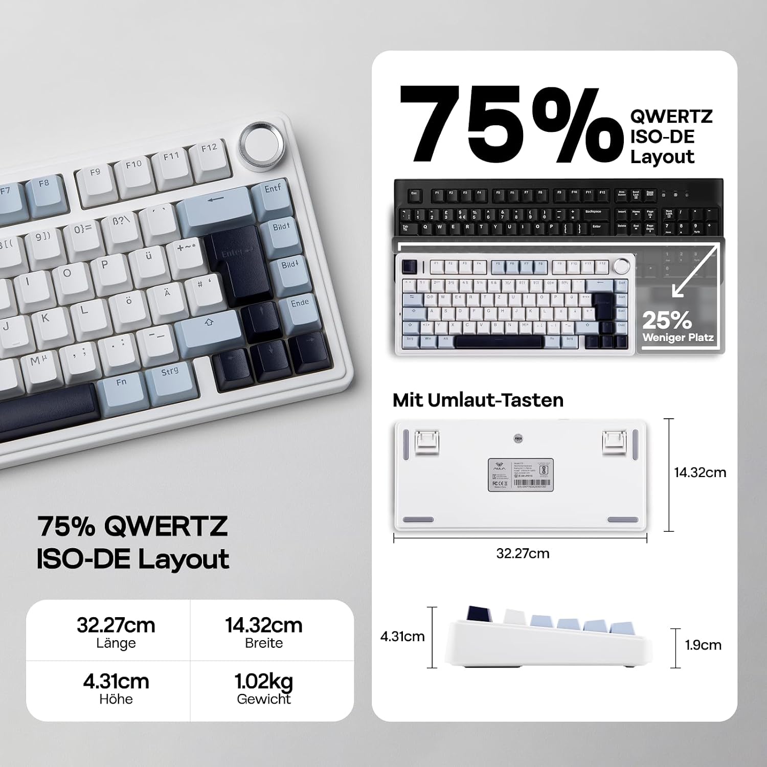 Detalle de EPOMAKER x Aula F75-ISO 75%-Mechanische Tastatur (DE QWERTZ) mit Hot-Swap, BT/2,4 GHz/USB-C