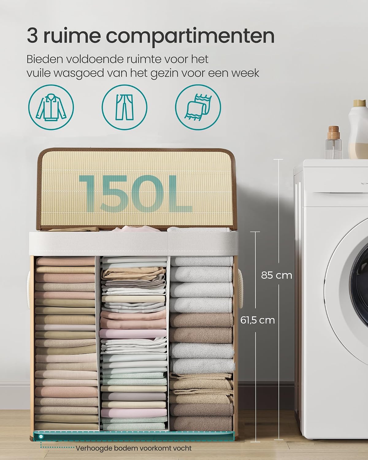 Detalle de SONGMICS RONEX Collection LCB091N01 wasmand 150 liter met 3 vakken en bamboe