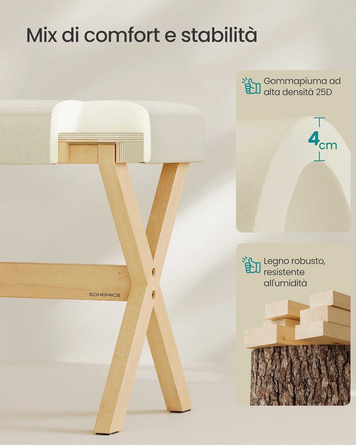 Thumbnail 4 de SONGMICS Sgabello da trucco imbottito LSF006LF02 in legno, poggiapiedi da toeletta beige sabbia/naturale