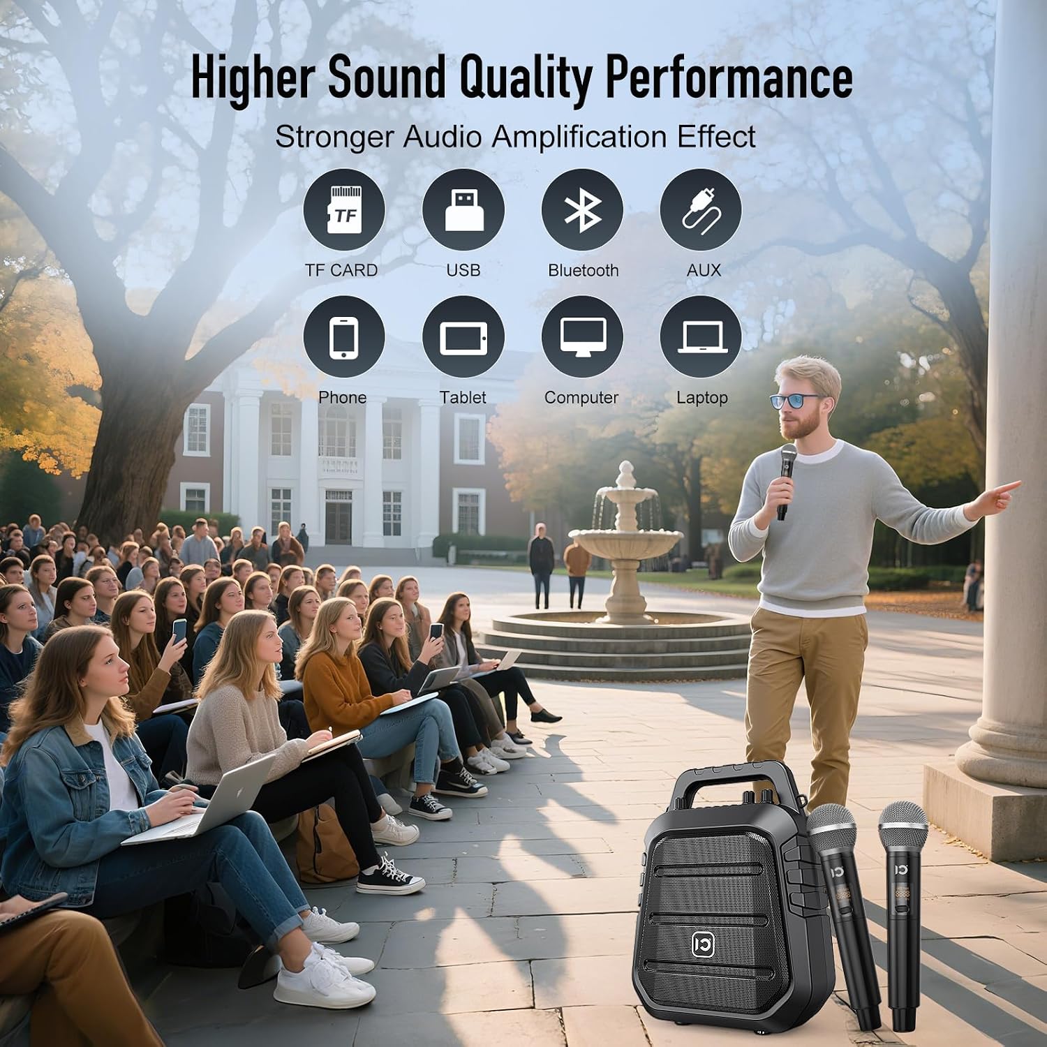 Detalle 2 de SHIDU PRO 100W Voice Amplifier with Two Wireless Microphones, Bluetooth & Guitar Input