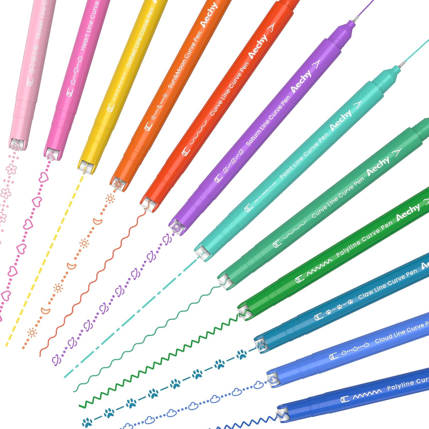 Detalle de AECHY 12er Set Textmarker mit Doppelspitze – 12 Farben, 10 Musterrollen
