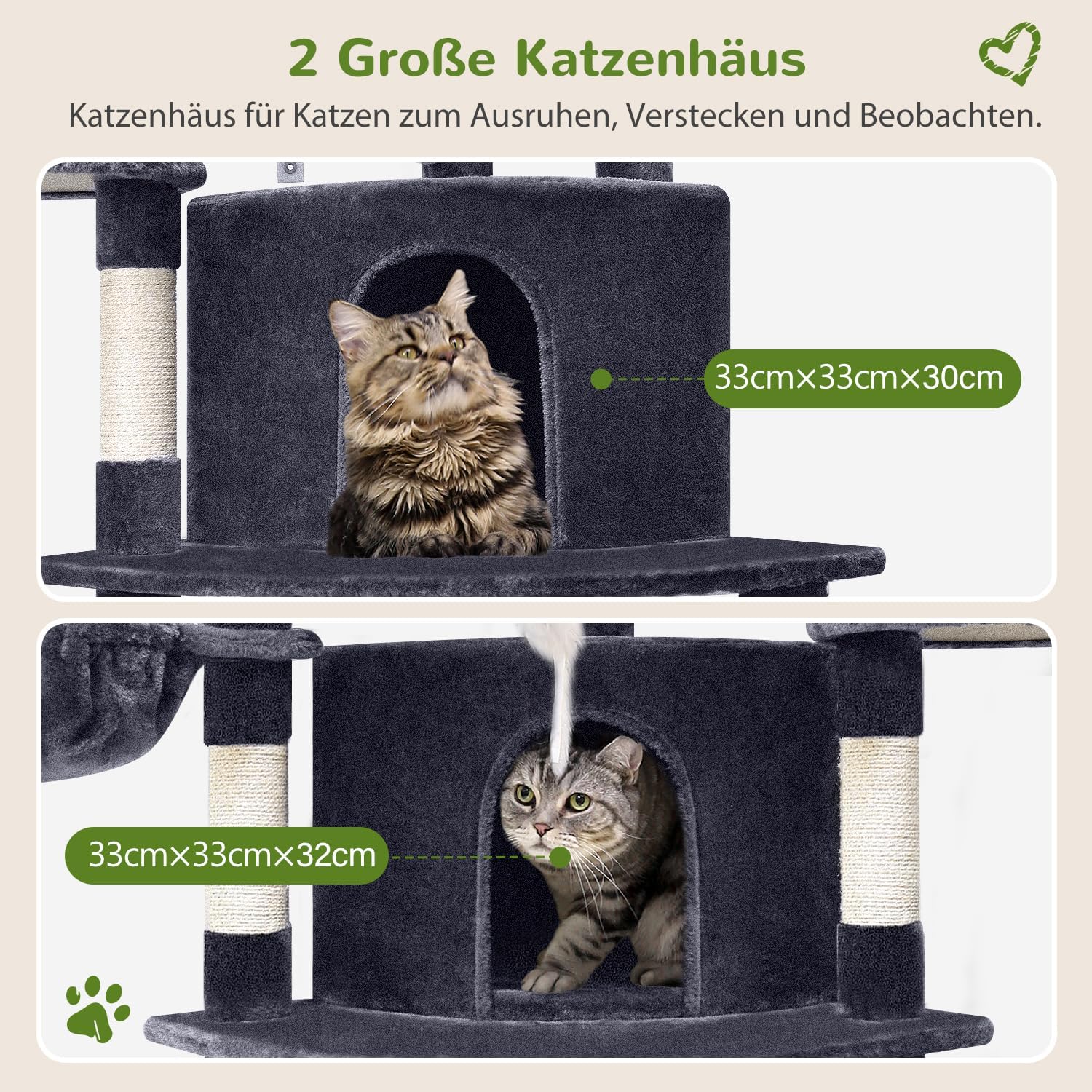 Detalle de Globlazer Kratzbaum für Katzen als Eckkratzbaum (167 cm) mit 2 Katzenhäusern, Hängematte & gepolsterter Plattform, Dunkelgrau