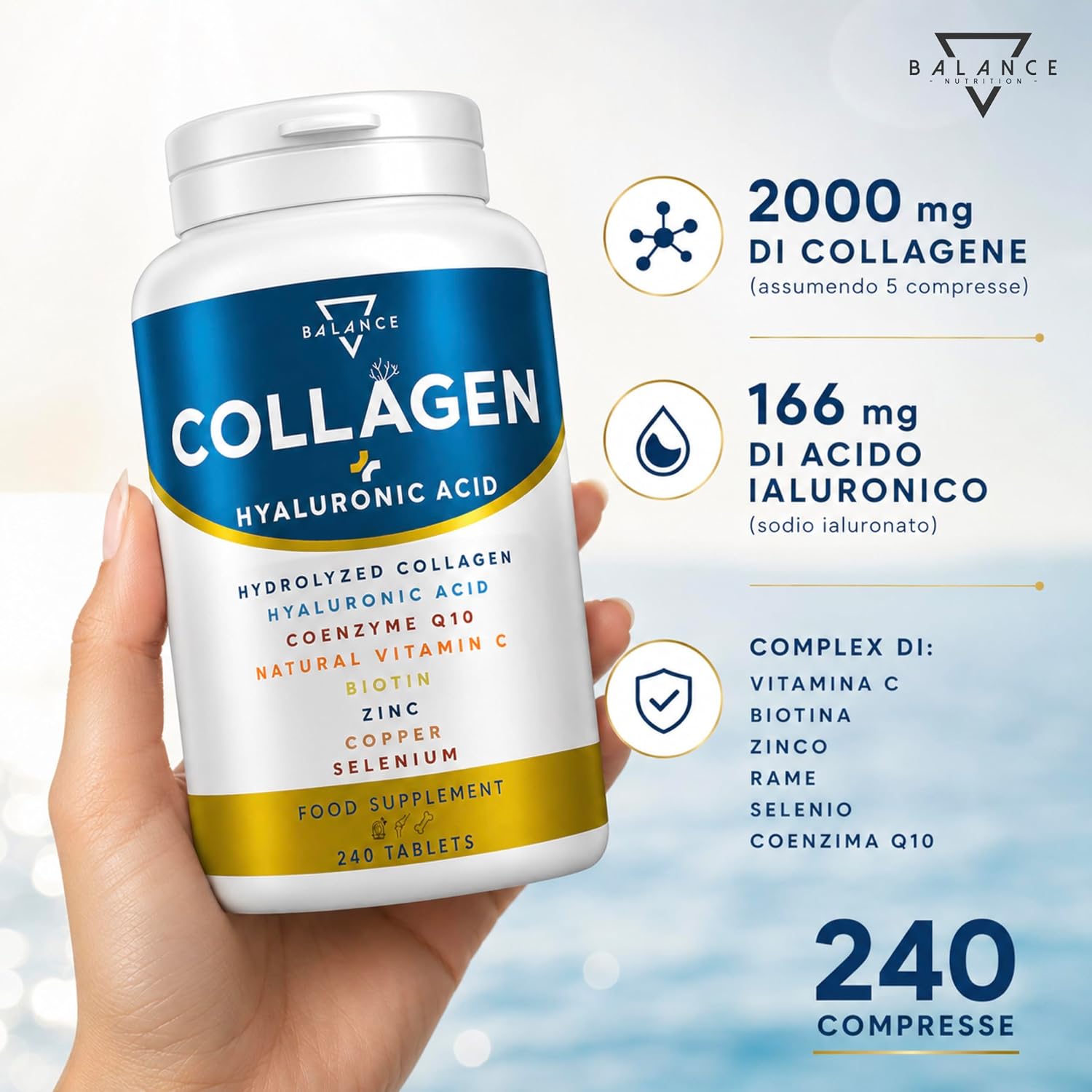 Detalle de COLLAGENE IDROLIZZATO 2000MG - 240 COMPRESSE: Collagene di Tipo 1, Acido Ialuronico e micronutrienti per la pelle e i tessuti