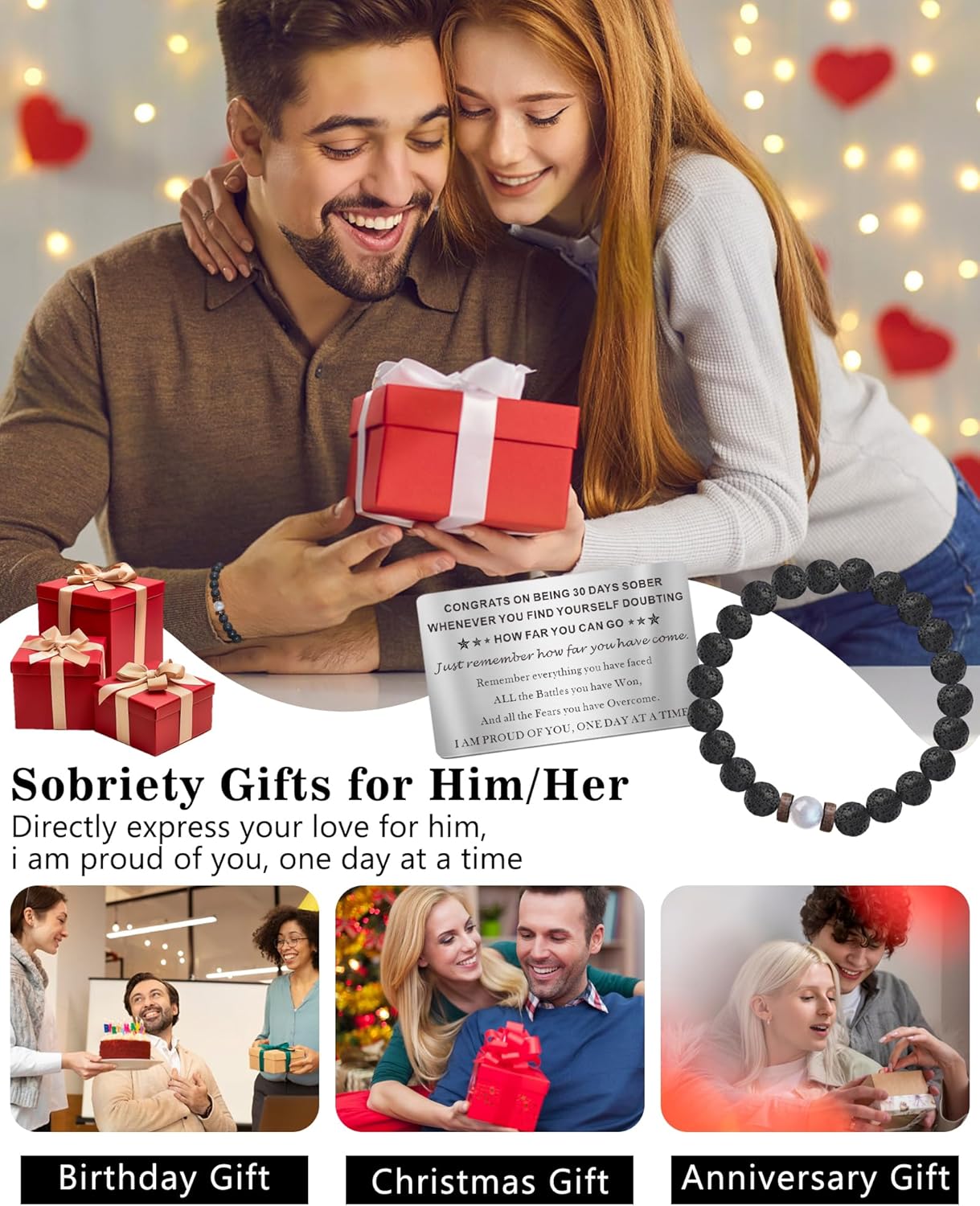Thumbnail 6 de TOLOWOBK Moonstone & Lava Rock Sobriety Bracelet with 316L Wallet Card Gift Box
