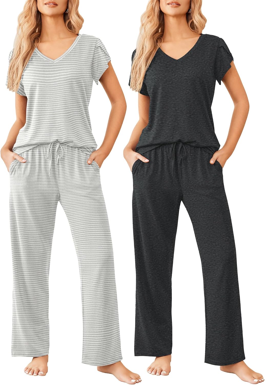 Detalle de Ekouaer 2-Pack Women's Pajama Sets with Short-Sleeve Tops and Long Pants