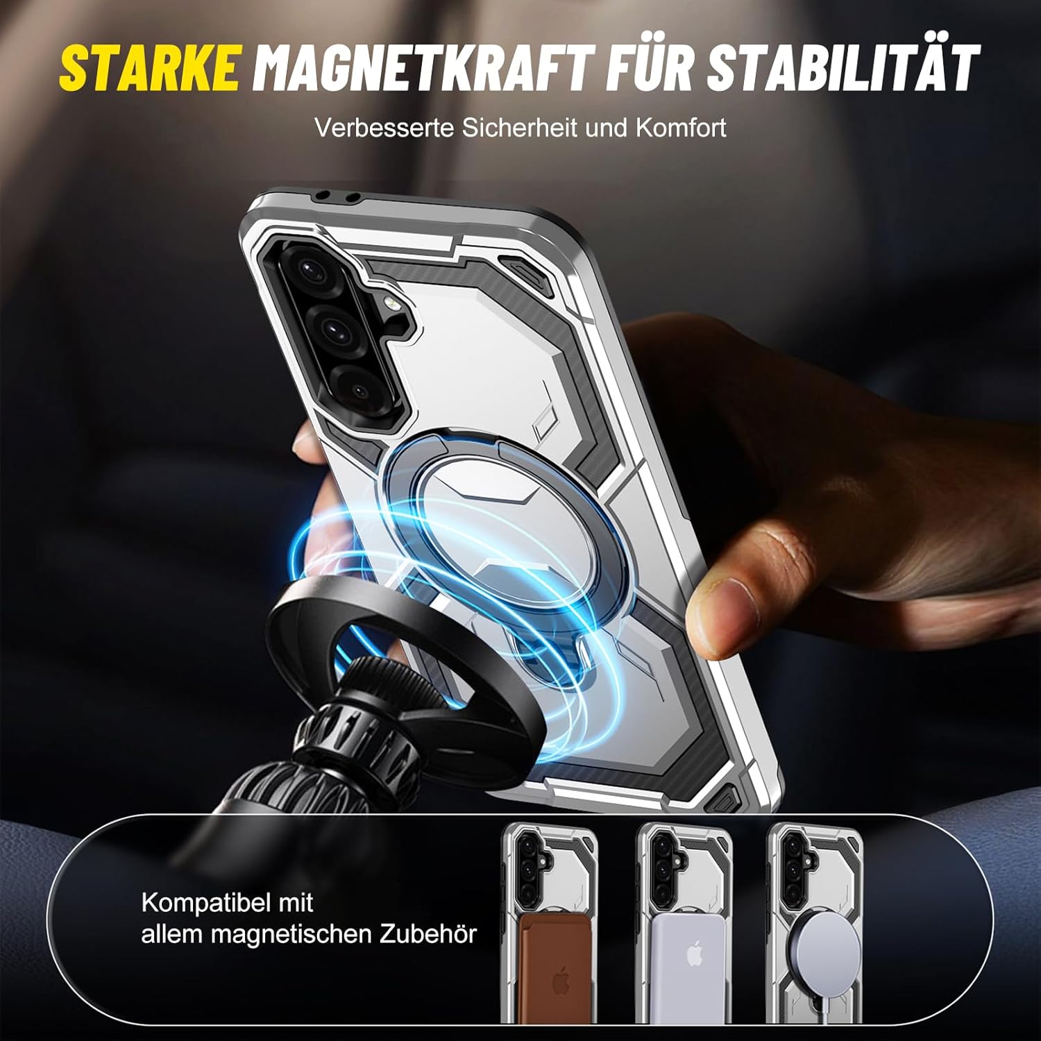 Thumbnail 1 de Hülle für Samsung Galaxy A17 von Vanki – MagSafe kompatibel, militärischer Schutz, integrierter 360° Ständer, silber