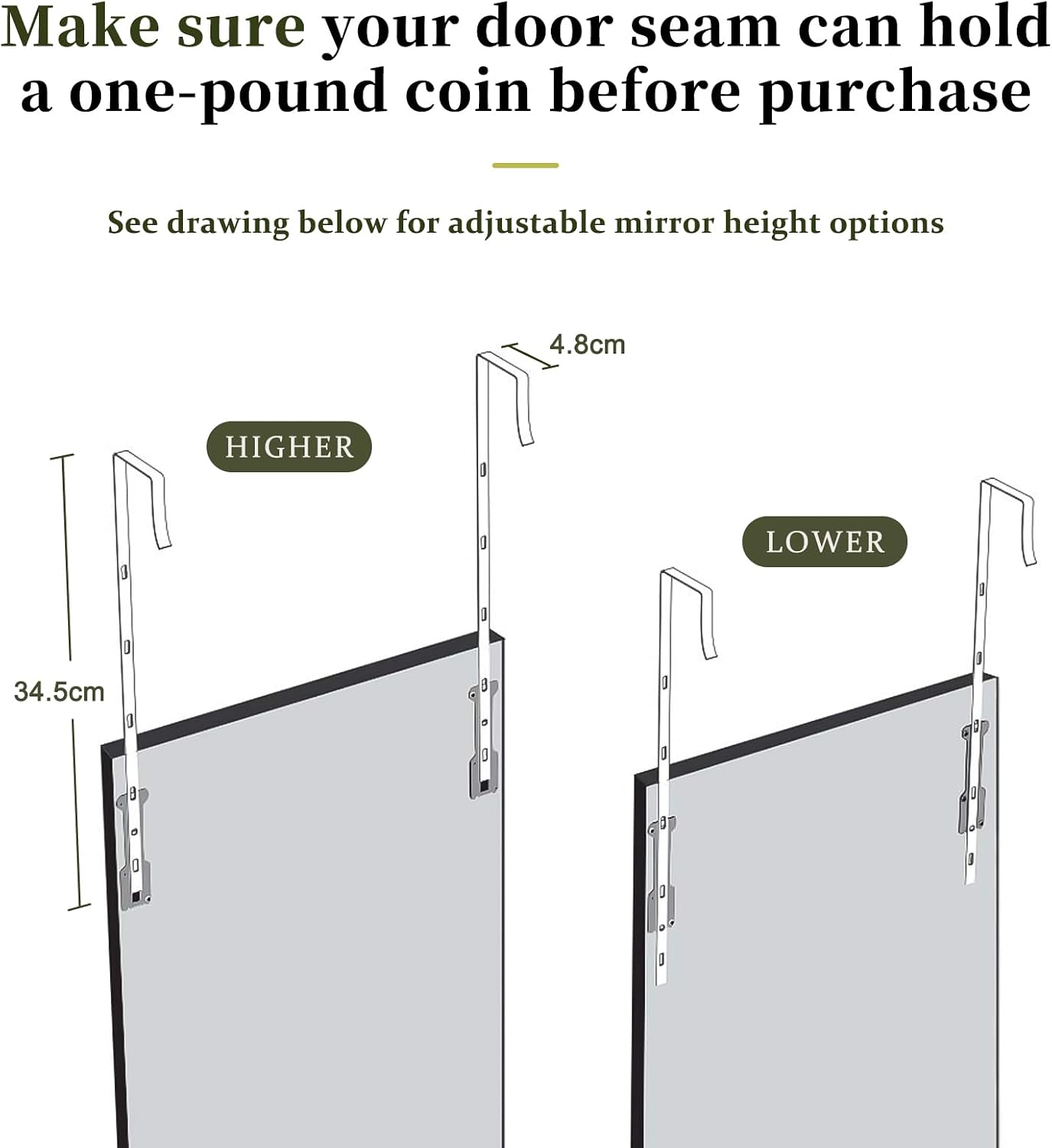 Thumbnail 4 de Dripex Over Door Mirror Full Length 110 x 45cm — Silver, Versatile Mounting