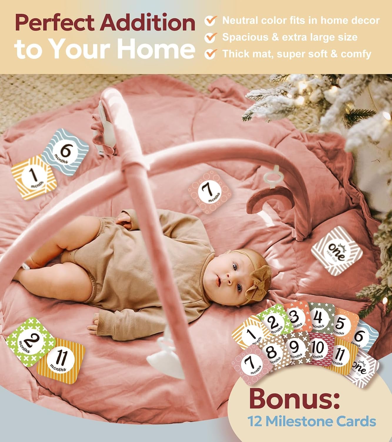 Detalle 2 de Mallify 5-in-1 Baby Play Gym Mat with 6 Sensory Toys, Pink Plush Surface