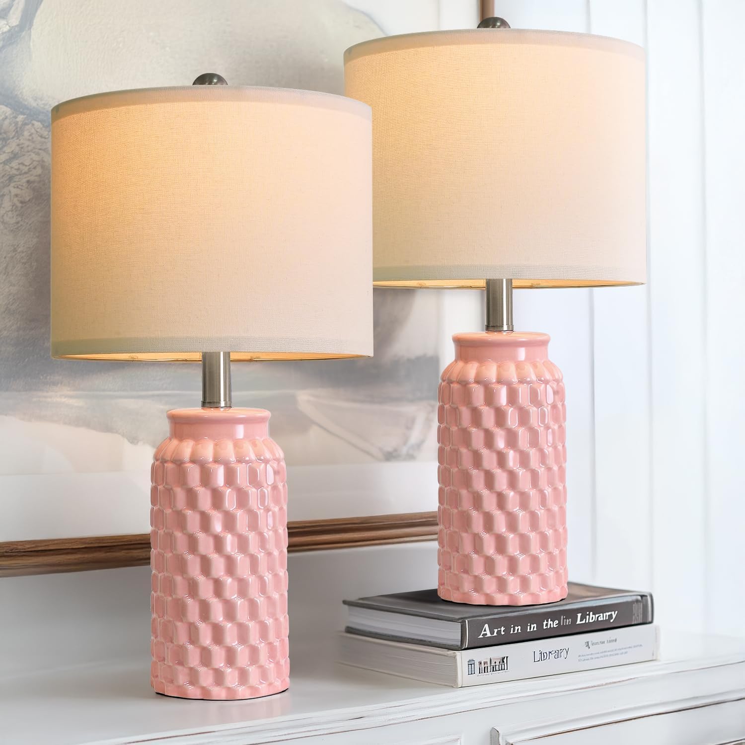 Detalle 1 de USumkky 1092 Pink Ceramic Table Lamps, Set of 2, 20.5-Inch with Linen Shades