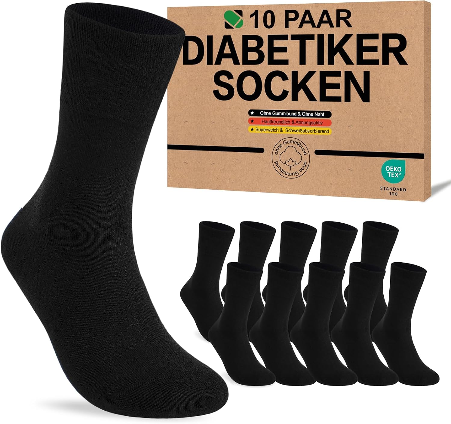 Detalle de SukModen Diabetiker-Socken Herren & Damen – 10 Paar, ohne Gummibund, weiche Baumwolle, nahtloser Zehenbereich, Schwarz