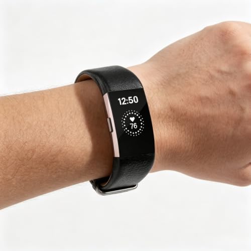 Detalle de Longzhuo Ersatz-Armband für Fitbit Charge 2 – echtes Leder, Schwarz
