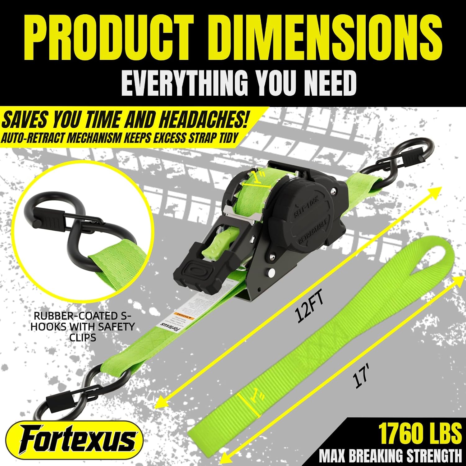 Thumbnail 6 de Fortexus Retractable Ratchet Straps (1 in x 12 ft) – Heavy-Duty Automatic Tie Downs, 4-Pack (Neon Green)