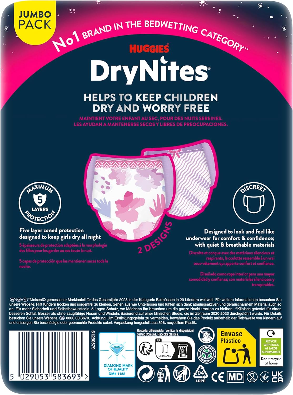 Thumbnail 2 de Huggies DryNites Nachtwindeln bei Bettnässen, Mädchen XL (13–17 Jahre, 48–60 kg) – Jumbo-Monatspack 33 Stück