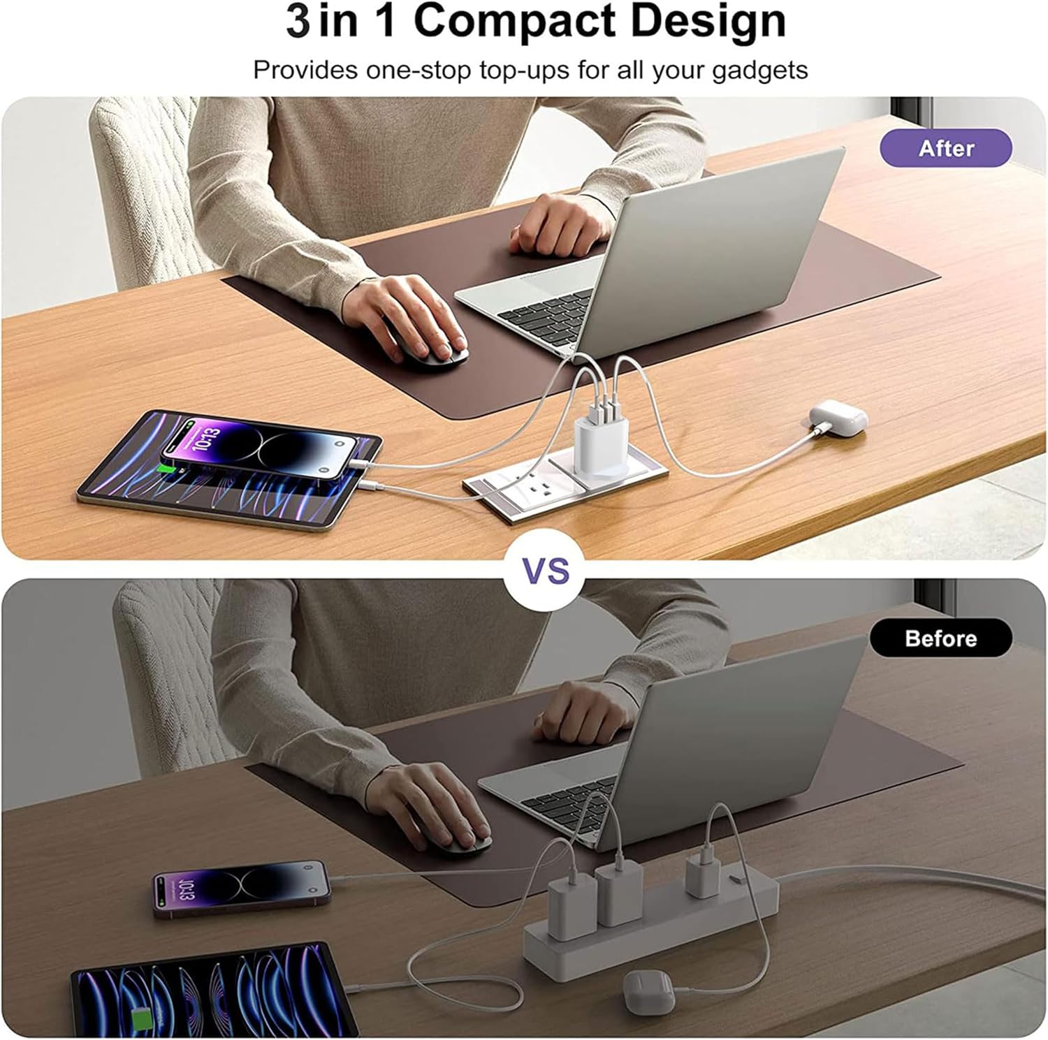 Detalle de 3 Pack UK Plug USB Wall Charger with 3 Ports (White-3P) – Multi-Device Fast Charging Adapter