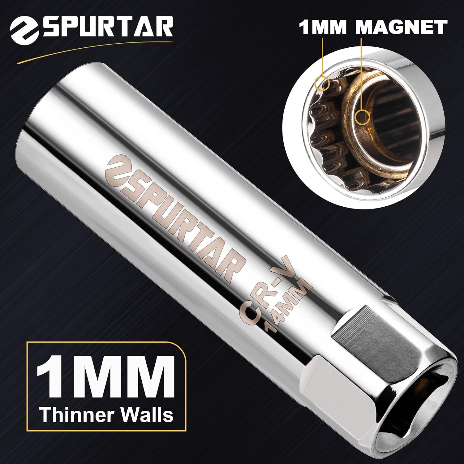 Detalle de Spurtar 14mm Magnetic Spark Plug Socket, 3/8-Inch Drive, Thin Wall 12-Point