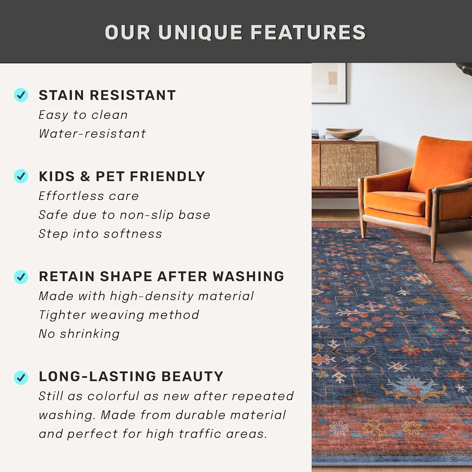 Thumbnail 6 de Navy Blue Area Rug 9x12: Washable, Non-Slip, Low-Pile Boho Living Room & Dining Room Rug