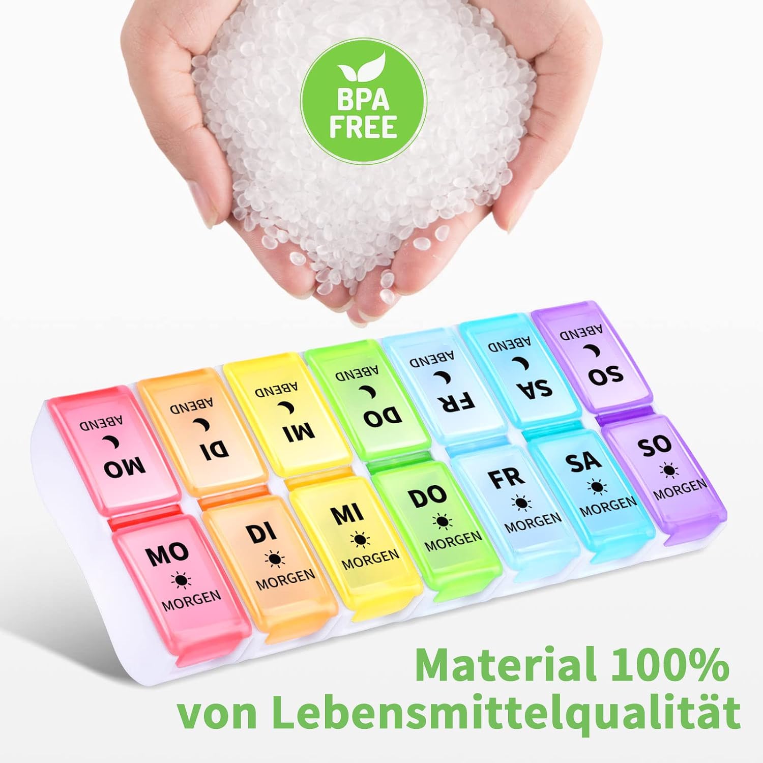 Detalle 2 de Opret Deutsche Tablettenbox für 7 Tage (2 Fächer: morgens/abends), abnehmbar mit deutschem Aufdruck