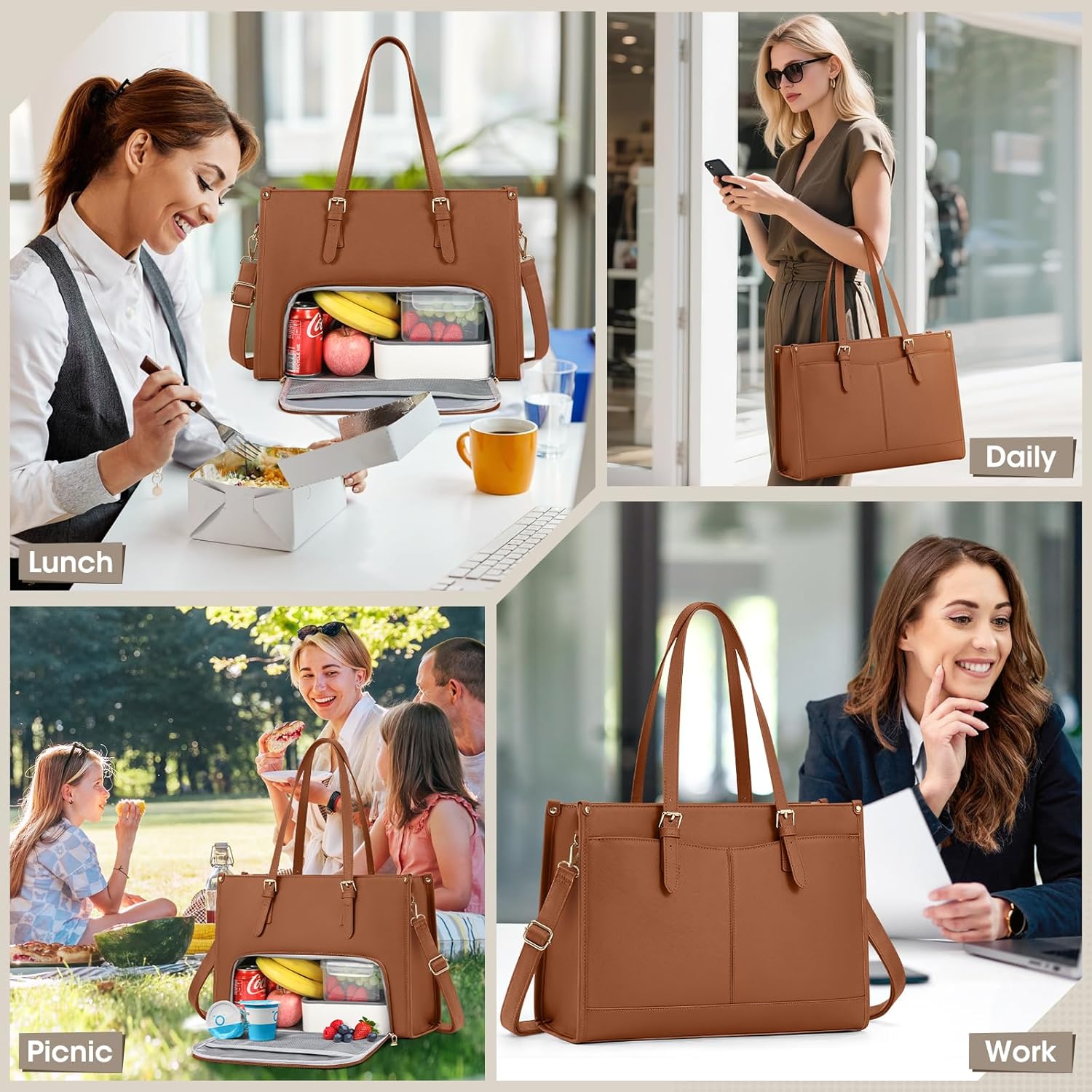 Thumbnail 1 de RAINSMORE Laptoptasche Damen mit isoliertem Lunchfach 15,6 Zoll – wasserdichtes PU-Leder, Braun