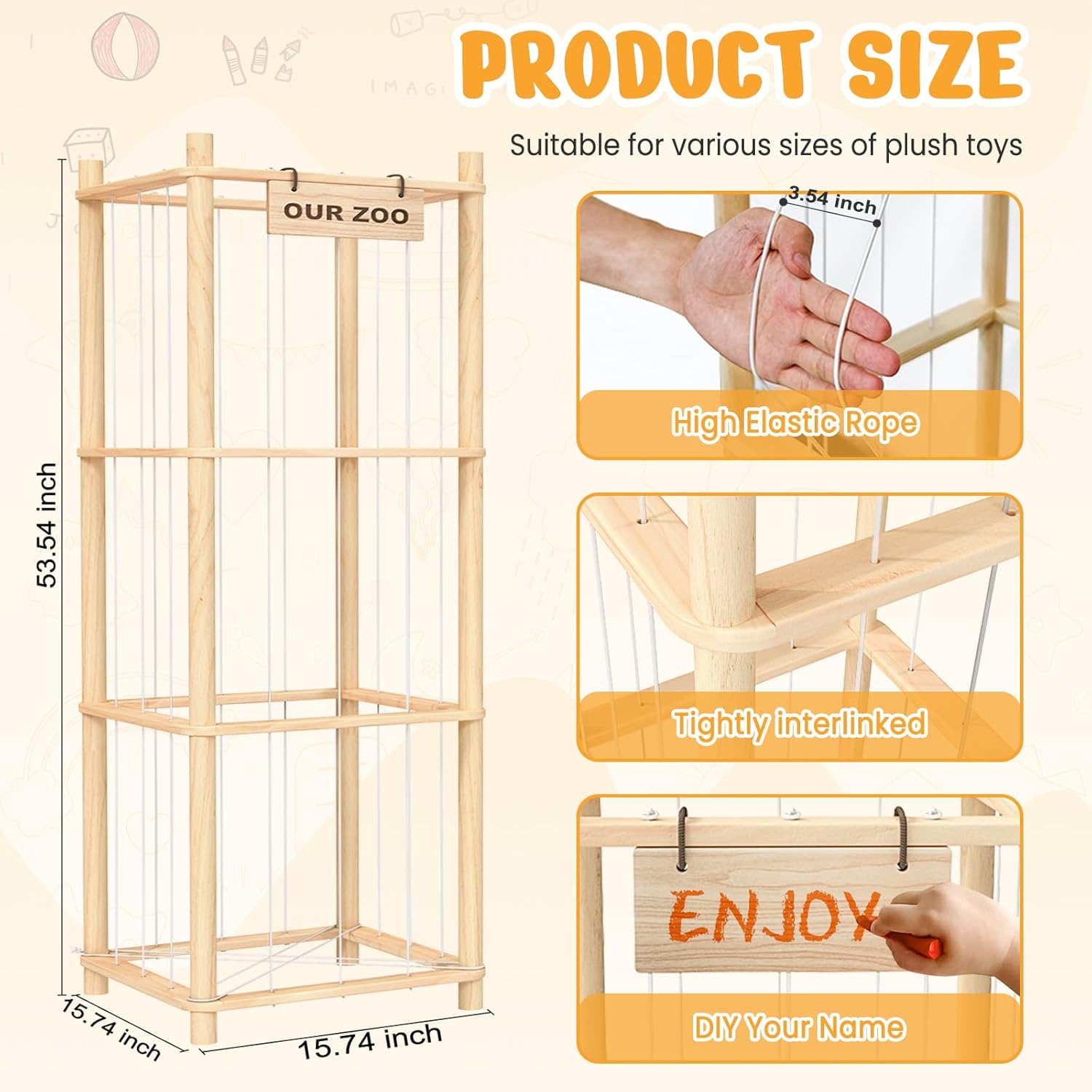 Detalle 2 de Woodure Stuffed Animal Storage & Organizer (Wooden Zoo Toy Holder) for Toddler Rooms