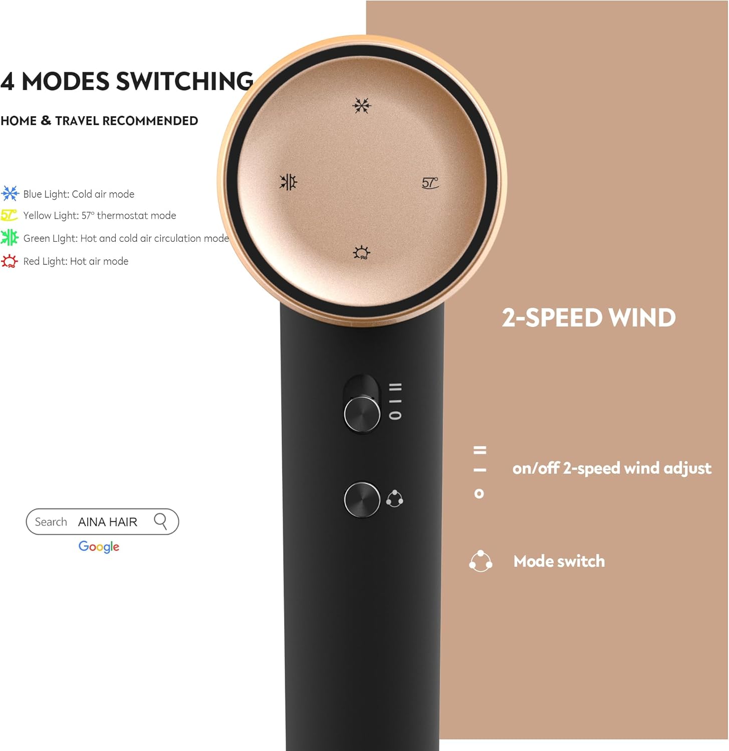 Thumbnail 2 de AINA High Speed Hair Dryer with Brushless Motor, 150,000RPM & Ionic, Travel-Friendly (1A Gold)