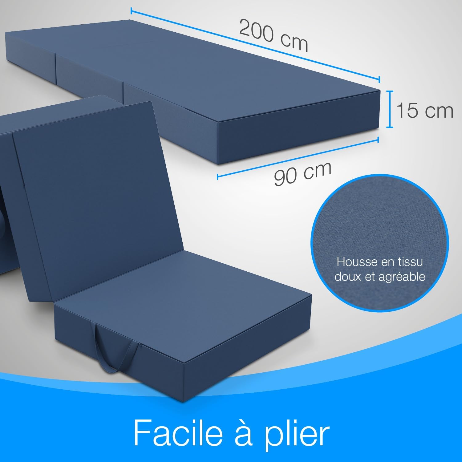 Detalle de ELONEO Matelas Pliant 90x200 cm – Matelas d'appoint pliable en 3 parties, mousse 15 cm, lavable et pliable en cube