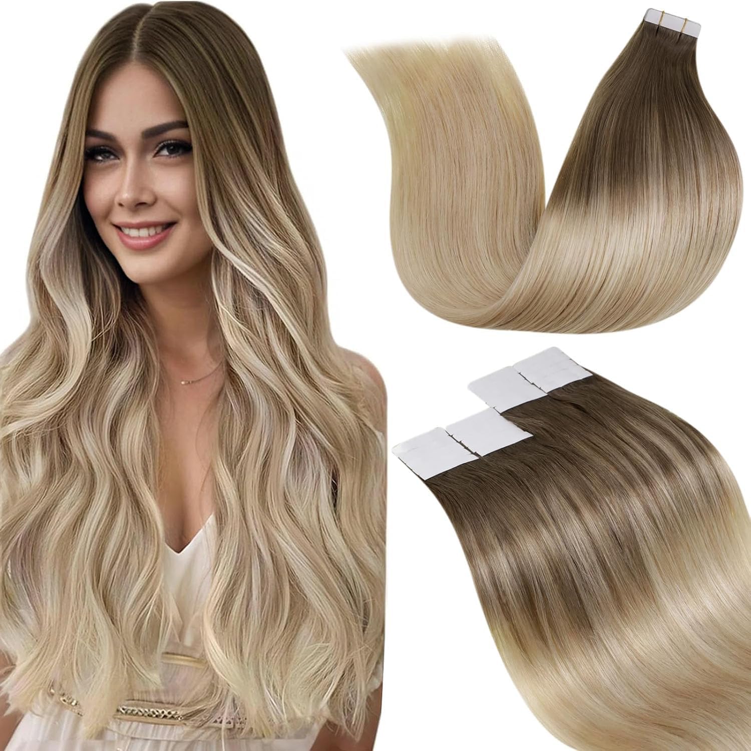 Detalle de LaaVoo Tape Extensions Echthaar Balayage Blondine Ombre Platinblond – 55 cm, 20 Stück